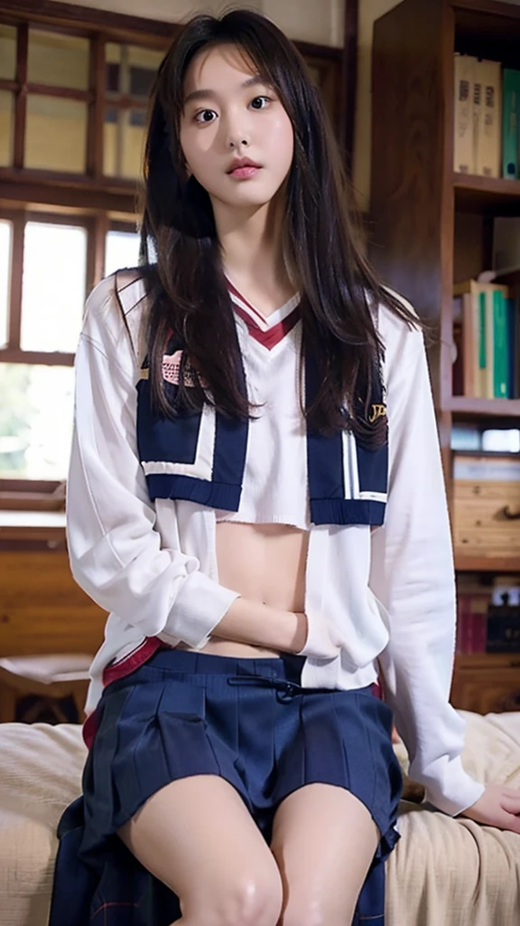 masterpiece, Highest quality, High resolution,8k， 1 hair clip, Tokiwadai School Uniform 、Tokiwadai school emblem on the left chest、Grey Skirt、bedroom、Lie down in bed、smile、low length、Immature body、Small breasts、Beautiful cherry-colored areola、Erect nipples、Narrow waist、Small butt、Shaved、手でGrey Skirtを持ち上げて陰部を露出する、Full body shot、Lying in bed