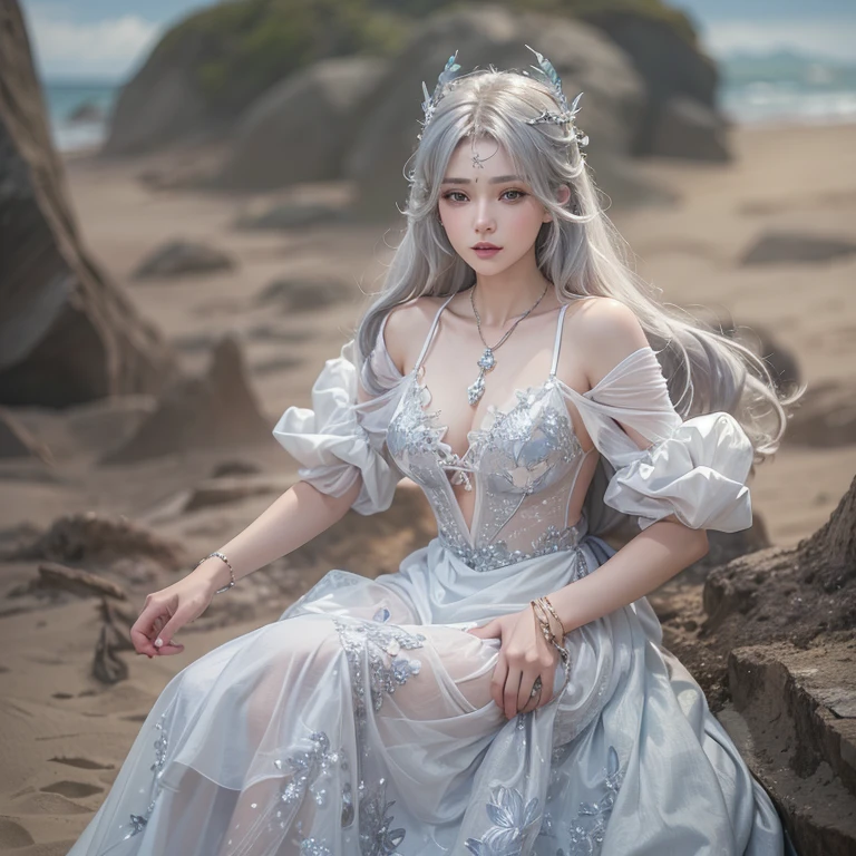 1 girl fantasy dreamy and ethereal, golden ratio!! highly detailed portrait of a beautiful silver haired woman wearing long gown with flower in hair pose on the beach at sunset by tom bagshaw pixar 8 k octane render trending cgsociety deviantart realistic oil painting illustration artstation vrayinematic lighting shallow depth - de 2 0 1 3 d flickr airbrush concept matte sharp focus vector beh Reserv hyperrealistic water