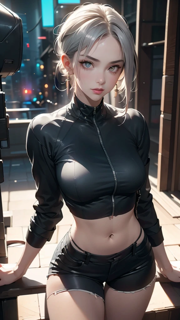 safe For Work, Cyberpunk, Norwegian, ethnically Norwegian, prostitute, brightly colored clothing, underboob, medium breast, small opencoat, pants shirt that shows underboob, blond hair, blue blue sapphire clothing, cyberpunk clothing