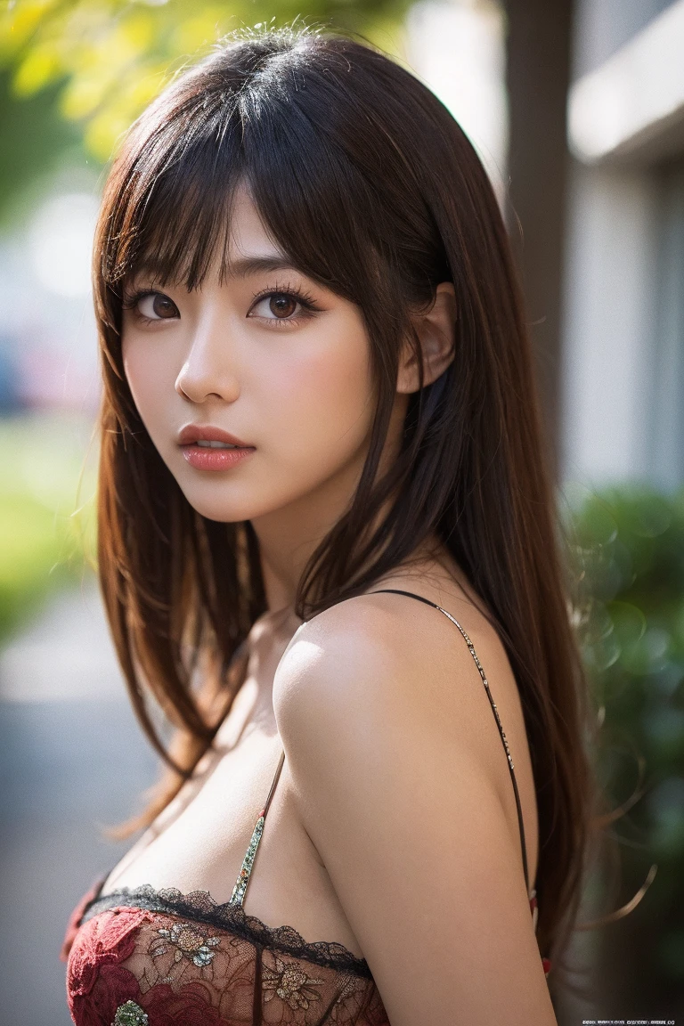 ((Realistic lighting、top-quality、8K、​masterpiece:1.3))、Clear focus:1.2、NSFW:1.2,（nudde:1.2）、((realisitic)) , ((Real Light、top-quality))、Model body type:1.4、(dark brown  hair、tits out:1.2)、dark-brown eyes、length hair、tropical rainforest、(24 year old:1.3)、hyperdetailed face、A detailed eye、二重まぶた、a necklace、Hair over one eye、high-heels、eye line、falls、on top of a rock、Raking up your hair with both hands