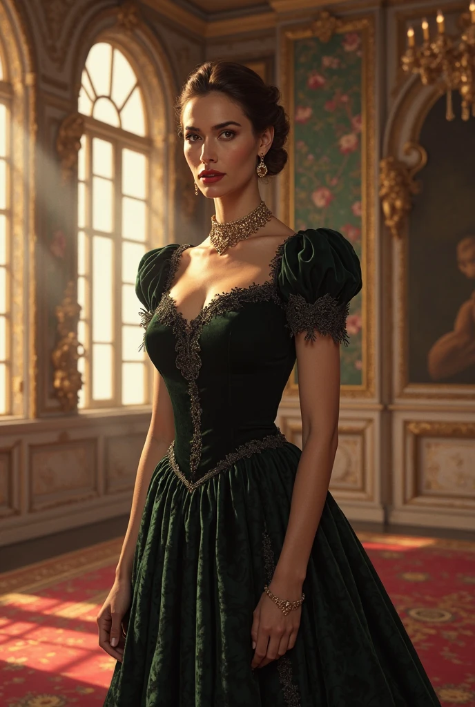 in green ruffled dress with (short puff sleeves and extra-long white gloves),royal pose, lovely queen image,(big bust,necklace, pearl earrings,pumped lips,smoky eyes makeup,bun hair),long dress,perfect face,perfect pupils and lenses,dress decorated precious stones and bows,high-quality costume,Rococo dress, Victorian dress,royal Baroque dress, wonderful dress, large puff sleeves,big bust,seductive neckline
