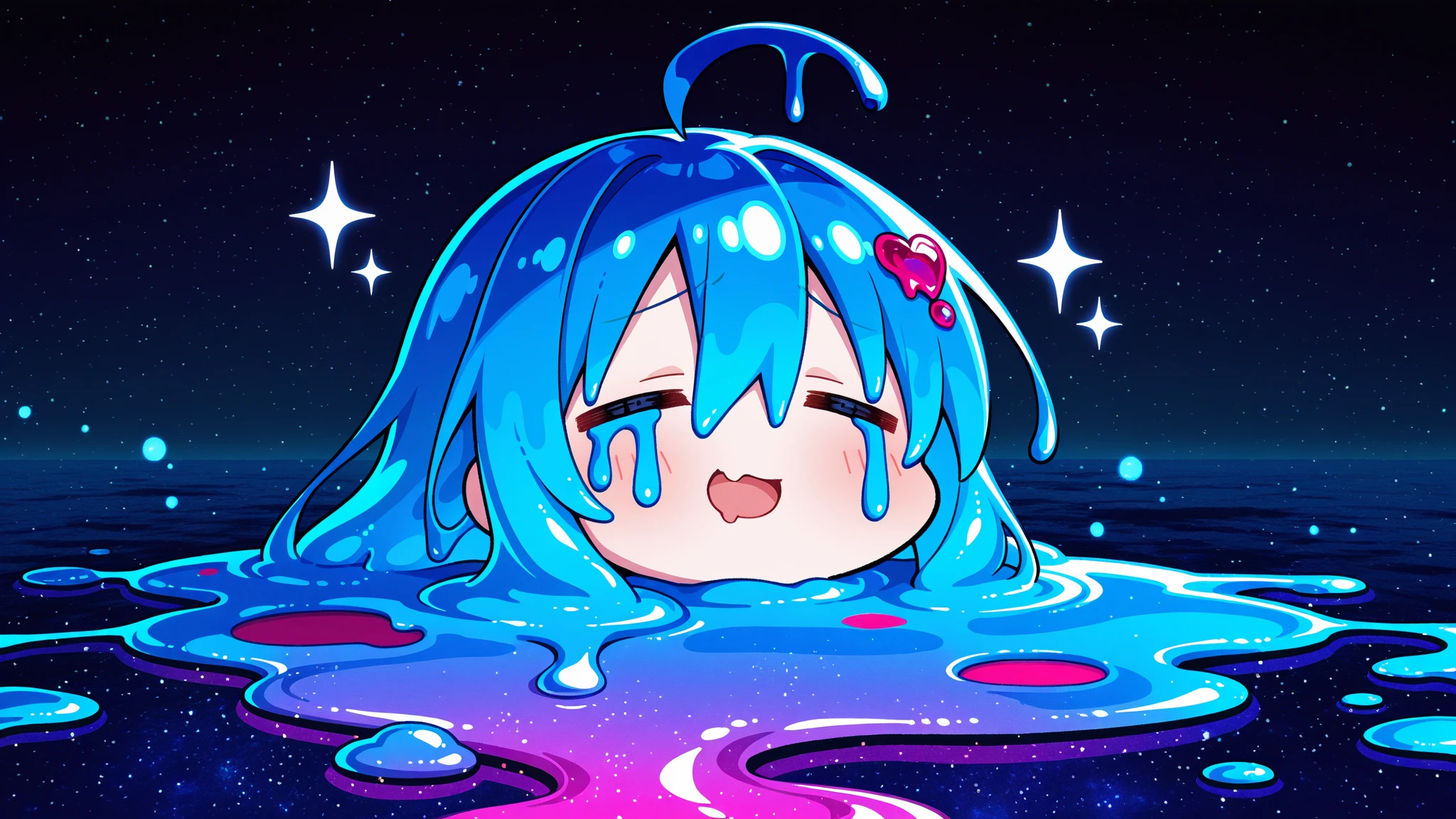 score_9, score_8_up, score_7_up, source_anime, 1girl, solo, <lora:Bao_XLPD:1>, BaoDef, blue hair, liquid hair, long hair, hair between eyes, bangs, necklace, <lora:Doro_X_PDXL_V1:1> doro, creature, :3, chibi, no humans, white skin, four legs, solid circle eyes, no pupils