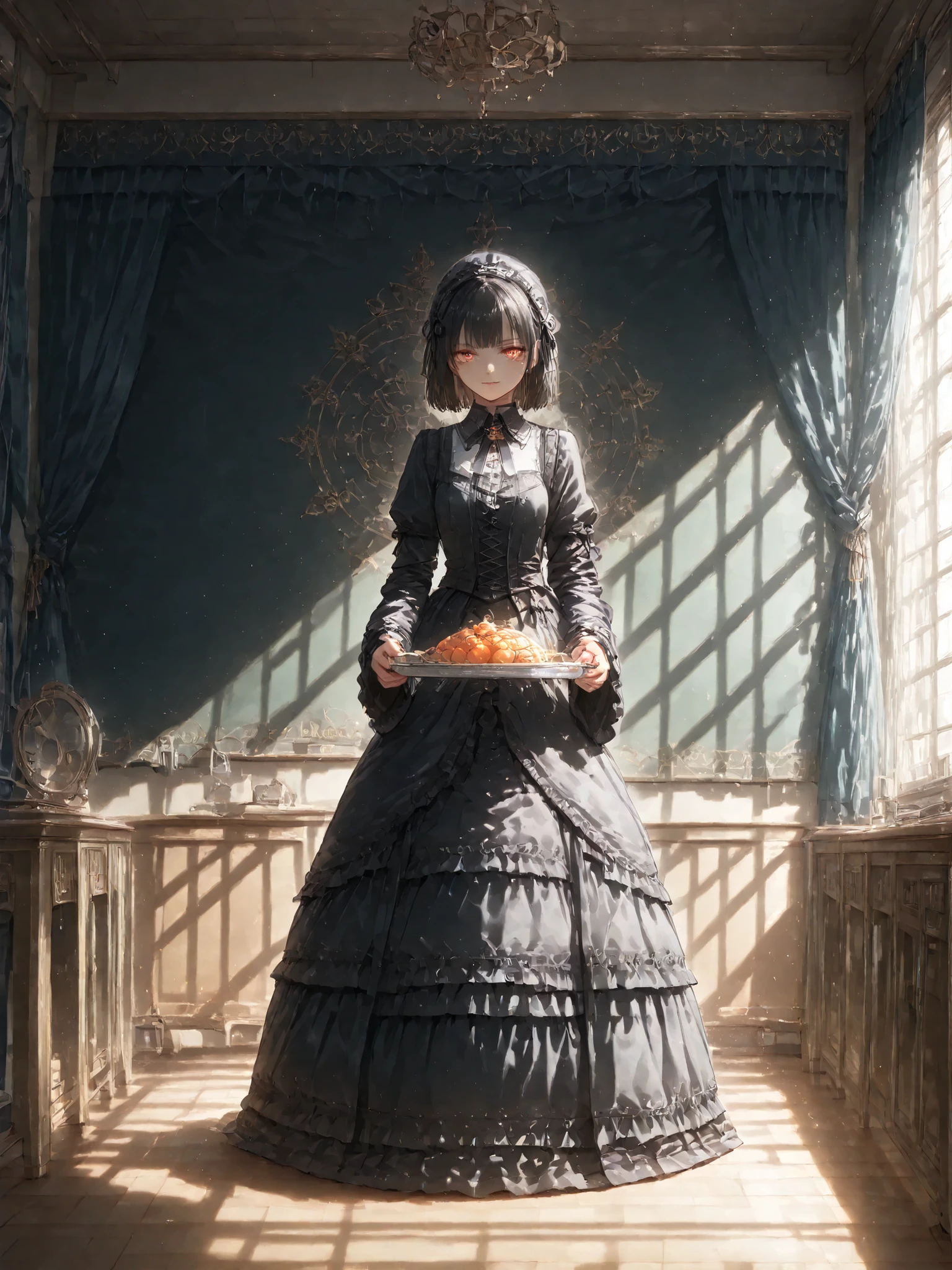 A mysterious maid with disheveled black hair and glowing orange eyes, одетая в traditional черно-белый наряд горничной с оборчатыми краями, stands in a dark room with heavy curtains, holding a shimmering silver tray,high quality image,photorealistic,detailed,deep sharpness,Strong lighting, elegant,gothic,vintage , traditional,perfect composition,detailed drawing,bright colors,ominous atmosphere