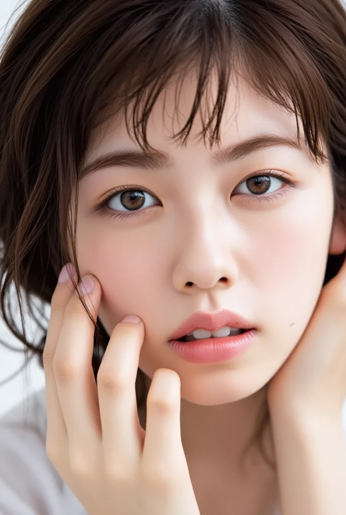 portrait of woman, at bedroom,
(finely detailed beautiful face), (finely detailed beautiful grieving eyes:1.1), (delighting mouth),
(8k eyes), (8k Pyutton Nose),
side locks, Brunette long hair,
(Photorealistic:1.4), masutepiece, ultra-quality, Insanely detailed, (超A high resolution), absurderes,barechested,huge tit