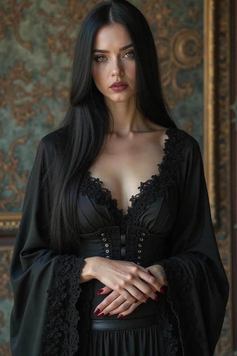 génére moi une magnifuqe femme anglaise avec une trés belle tenue noir avec un corp pafait je veux qu'elle incarne l'exellence féminine avec de trés beaux bijoux une ceinture de luxe une montre de luxe ... en trés haute qualité avec énormément de détails et de splandeurs 