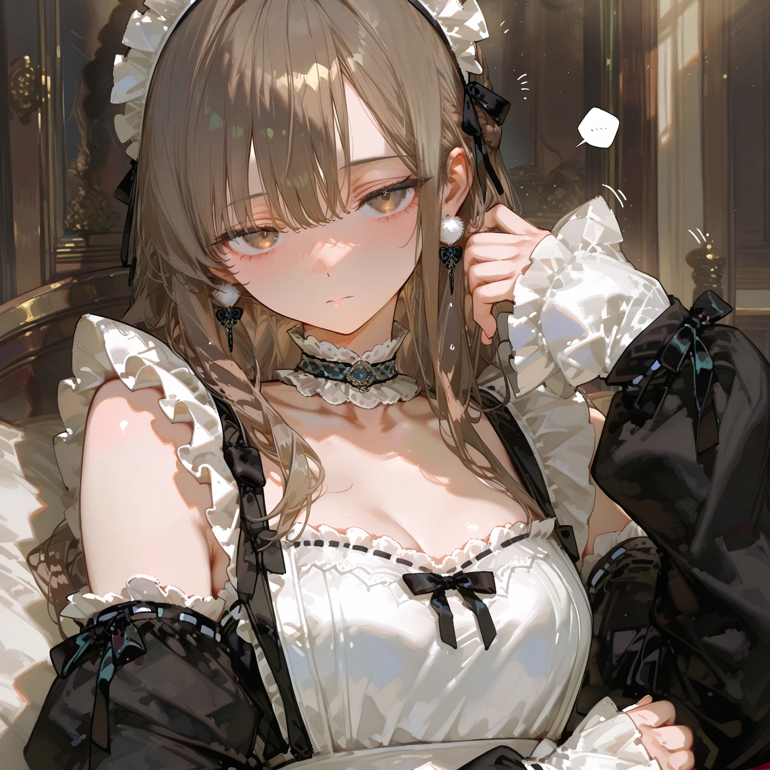 (A masterpiece of image quality in 8K),(from below:1.2),(Beautiful Allafed Woman),(((emphasizing breasts:1.0))),(Dynamic angles),(Dynamic and sexy bending pose:1.3),(sit a chair:1.3),(Short hair in shiny silver and orange inner colors,(perky chest:1.1), (pointed chest:1.3),small full breasts,Disturbance of clothing due to movement,breast slip,(Ponytail twisted buns adorned with elaborate braids and beads,Braided Setup Fishbone Hair,),(see-through bangs),small breasts、(((A white lace apron that shows your bare skin from under your small breasts)))、Blush with embarrassment、Enraptured eyes、A smile that beguiles the viewer、(Look back:1.2)、Look into the photographer,skin glistening with sweat,gazing at viewer,,(Professional Lighting),(8K,masutepiece,top-quality,Ultra-high resolution output image,),(Ultra HD with complex detail image modes),depth of fields,Beautiful hands,Beautiful fingers,Detailed finger features,(Detailed hair features:1.7),detailed facial features,detailed clothes features,