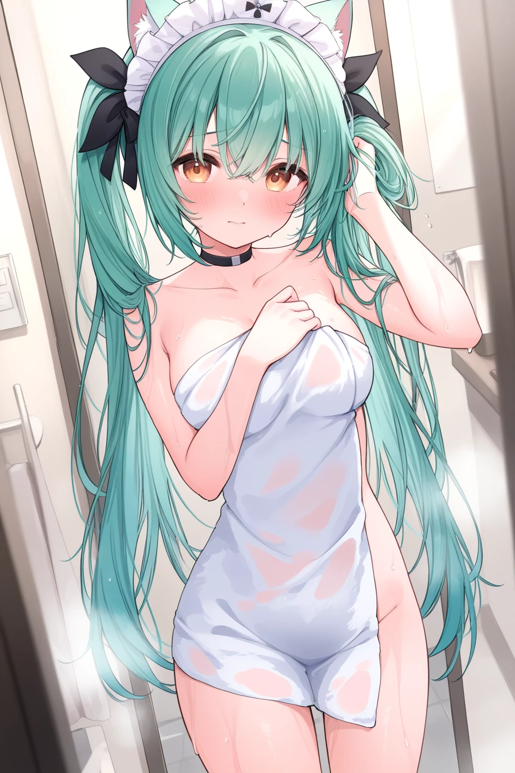 Highest quality,High resolution,HDR, 8k hd,The finer details, Exact number of legs,Exact number of arms, Perfect hands,Perfect legs,Absurd, Bright colors, extremely beautiful detailed anime face,Look straight ahead,No bra, Beautiful breasts, Gazing at the audience, Open your mouth,Feet outside the frame, White skin, hair accessory,Earrings, Earrings, necklace, Alone, (20 year old girl:1.5), (Shiny long straight hair:1.4),((Light green hair)),Asymmetrical bangs,Shiny Hair,(Small eyes:1.5),Very beautiful detailed eyes,Delicate and beautiful features,(Embarrassed look:1.2)