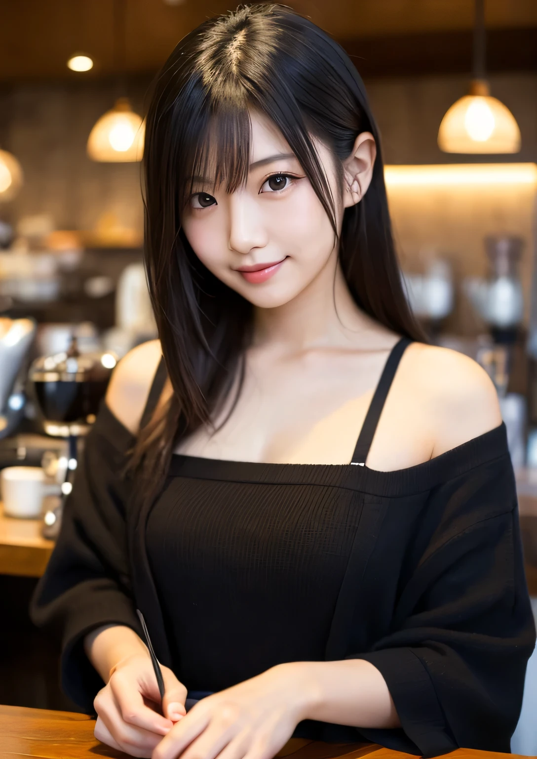 (Female clerk in café:1.4),Beautiful 19 year old woman,natural smile, (big breasts:0.8)
