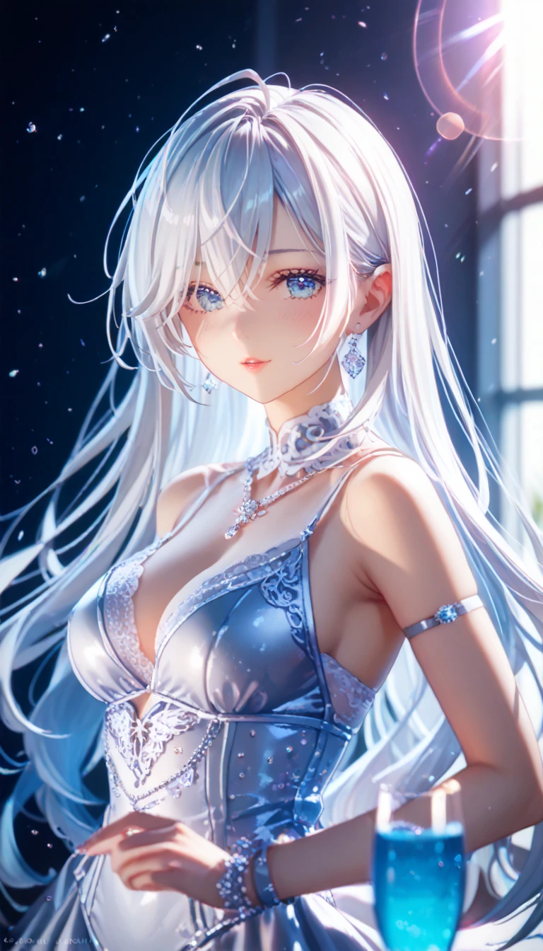 masterpiece, highest quality, figure, Sax Blue, Platinum Earrings, Platinum Necklace, White Dress, One girl, cute, (Dynamic Lighting:1.2), Cinema Lighting, Delicate facial features, Fine grain, Sharp pupils, Realistic students, Depth of written boundary, Bokeh, Sharp focus, (Ultra-detailed, bloom, shine:1.4), Lots of little gems,3D