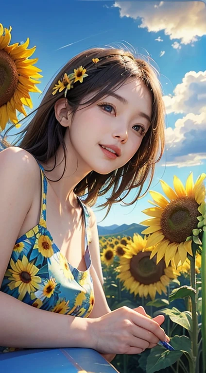(flowers), (lying on the grass:1.5), sunflower, cloud, sky, field, flower_field, day, blue_sky, dress, flower, cloudy_sky, messy long hair, yellow_flower, solo, outdoors, orange_flower, long_sleeves, autumn, flowers, cleavage,sweet smile busty girl,