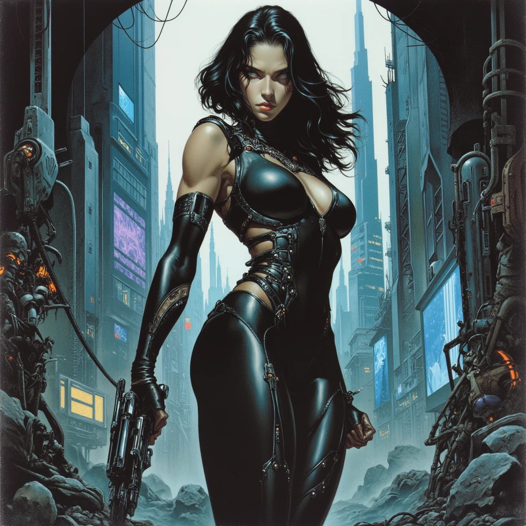 a female secret agent based on Zendaya, she is shooting a sci-fi gun, she wears a black bodysuit, cinematic, fantasy painting, highly detailed, black outlining, full color illustration, in the style of BORIS VALLEJO & JULIE BELL