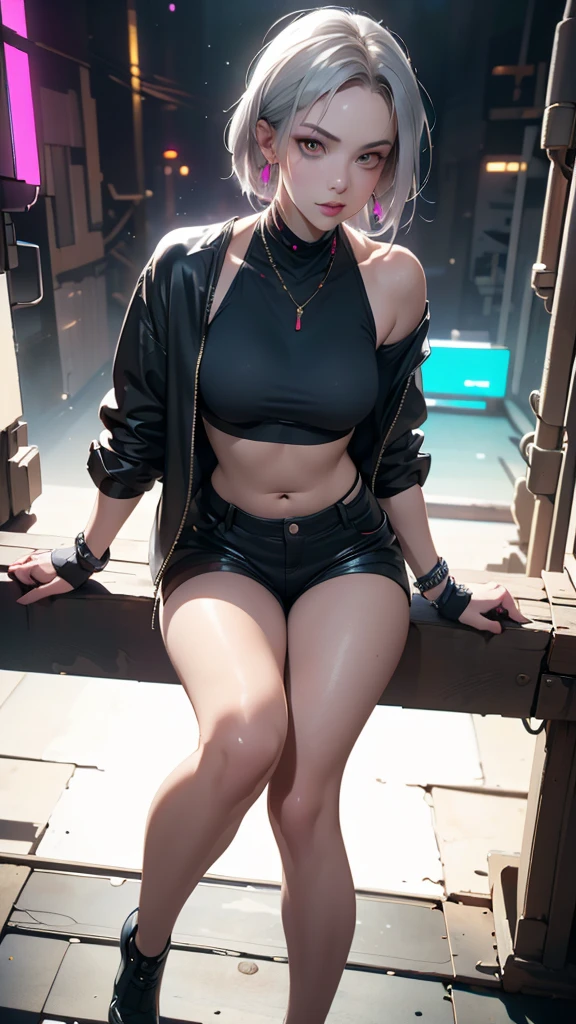 ((Highly detailed CG unit 8k wallpaper, masterpiece, High resolution, highest quality)), (beautiful woman with medium hair, Nana Komatsu, (full body shot, Angle from above:1.3, Fisheye Shot:1.3), put one's hand in one's pocket:1.5, Cyberpunk fashion, Wearing micro mini shorts:1.2, wearing boots:1.2), ((highly detailed face, highly detailed black eyes, detailed body, highest qualityのリアルテクスチャスキン)), (black hair, white skin), (Inside a futuristic abandoned building), hyper realistic, digital paint,