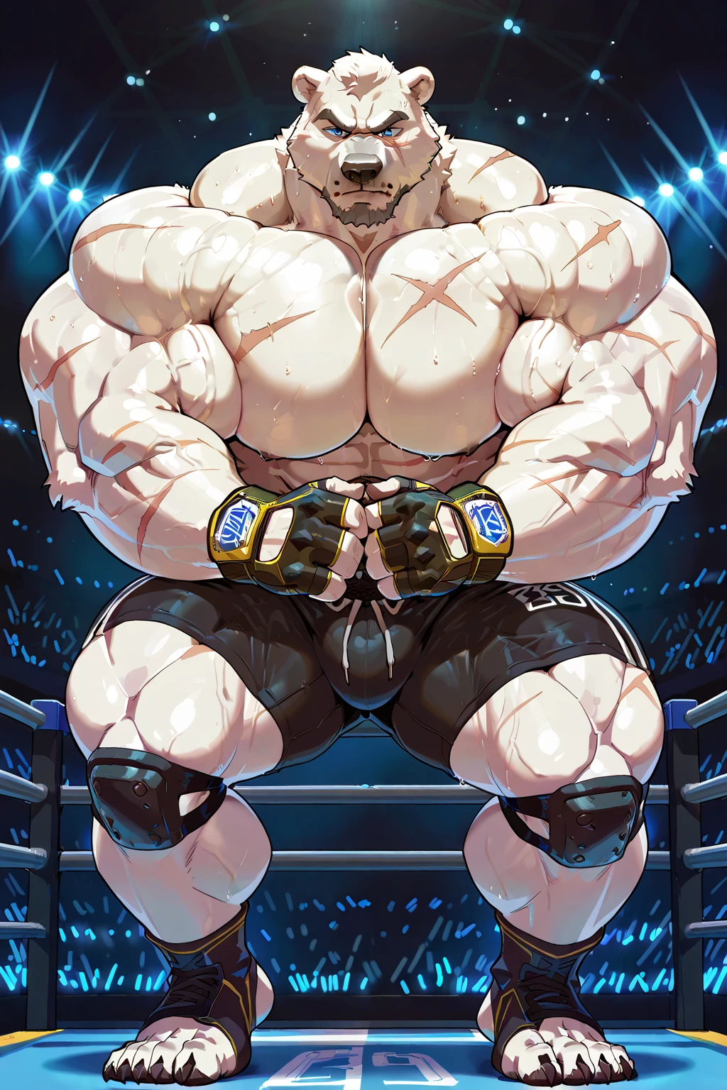 strong grizzly daddy，Brown skin，White hair and beard，Manly，bench press, lying on the bench，holding a barbell，Only gym shorts，Bright and tidy gym，window，weight equipments，bodybuilding, working out, More details，by adios, by null-ghost, by lindong
