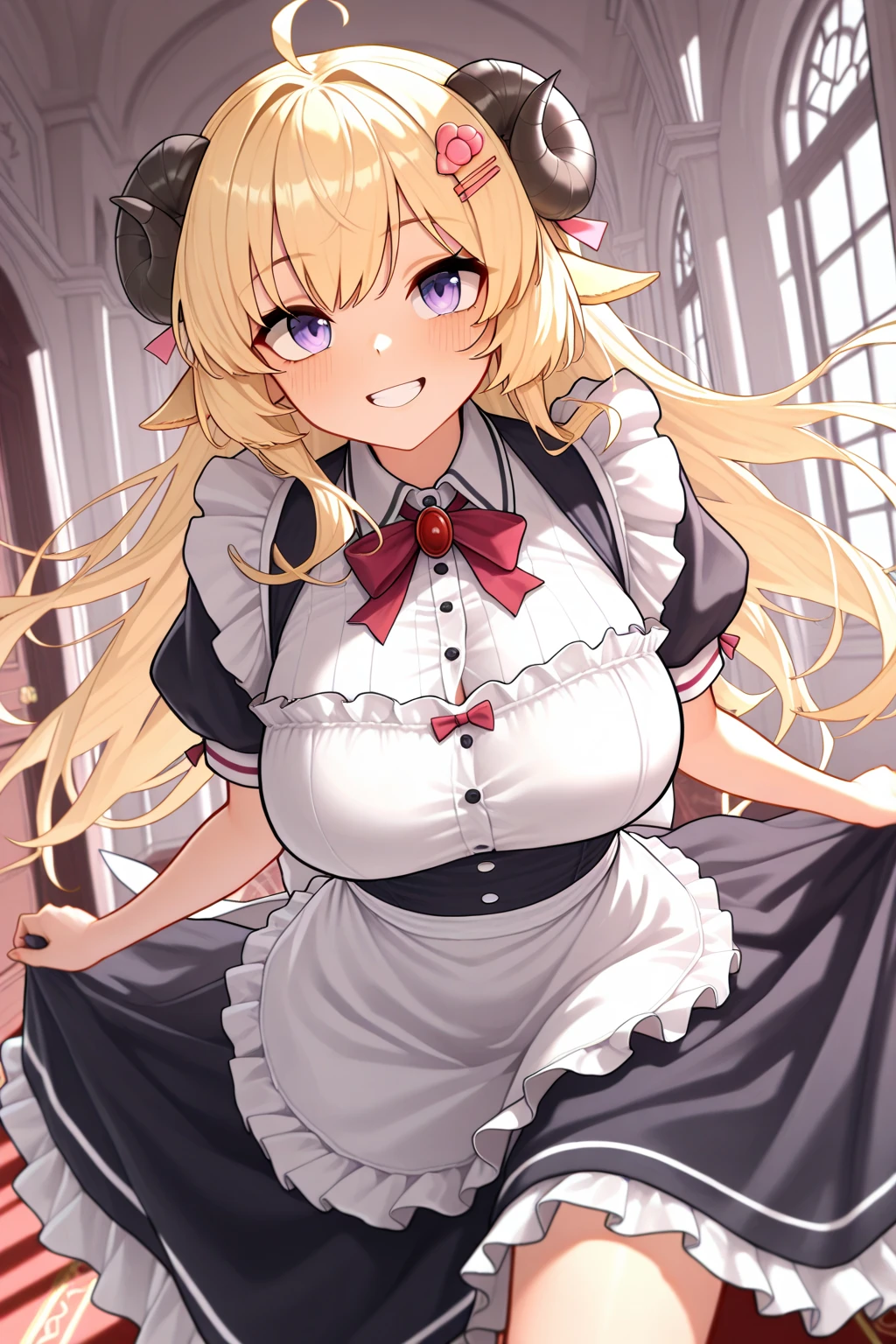 (One girl)、medium length hair、(sidelock)、((Blonde))、(slan eyes)、（boyish）、cute、(Big super breasts)、((Chubby))、Maid、No sleeve、mini skirt、White sleeveless、thigh-high socks thighhighs、(long gloves)、hairs between eyes、(coarse hair)、[flipped hair]、pink eye、expressionless、arm behind back、two side up、White Background、
