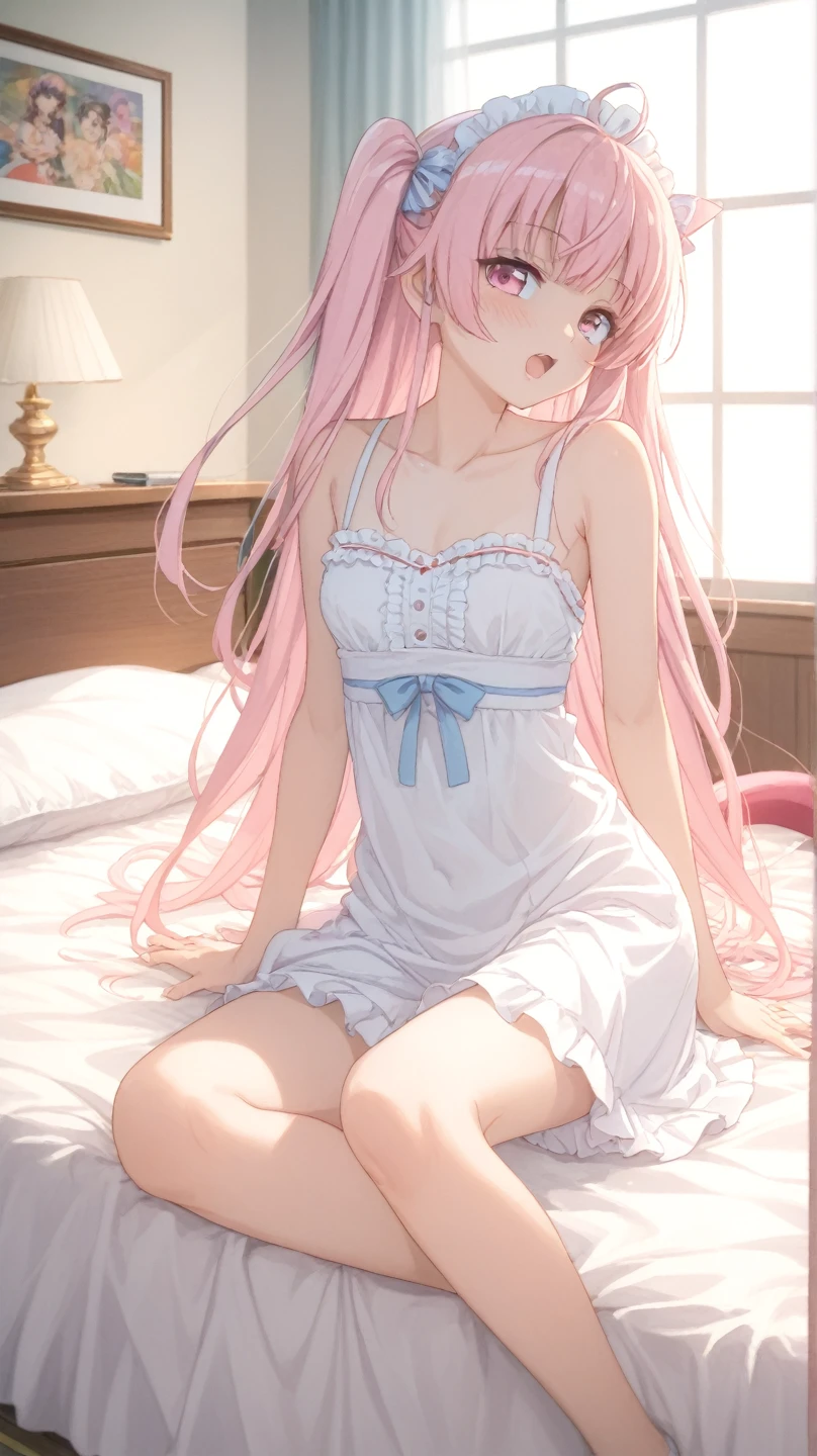 alternate costume, single bare shoulder shirt long, naked shirt, (red shirt), short sleeves, bottomless, sitting, embarrassed, smile, blush, looking at viewer, waking up, bedroom, house, indoors, sunlight, (full body), zerotwo, 1girl, solo, blush, rose blush, indoor, long hair, looking at viewer, smile, closed mouth, medium breasts, very long hair, green eyes, pink hair, hairband, small horns, shiny, shiny hair, aqua eyes, straight hair, :p, white hairband, double-breasted, honey, masterpiece, realistic, anime, cleavage