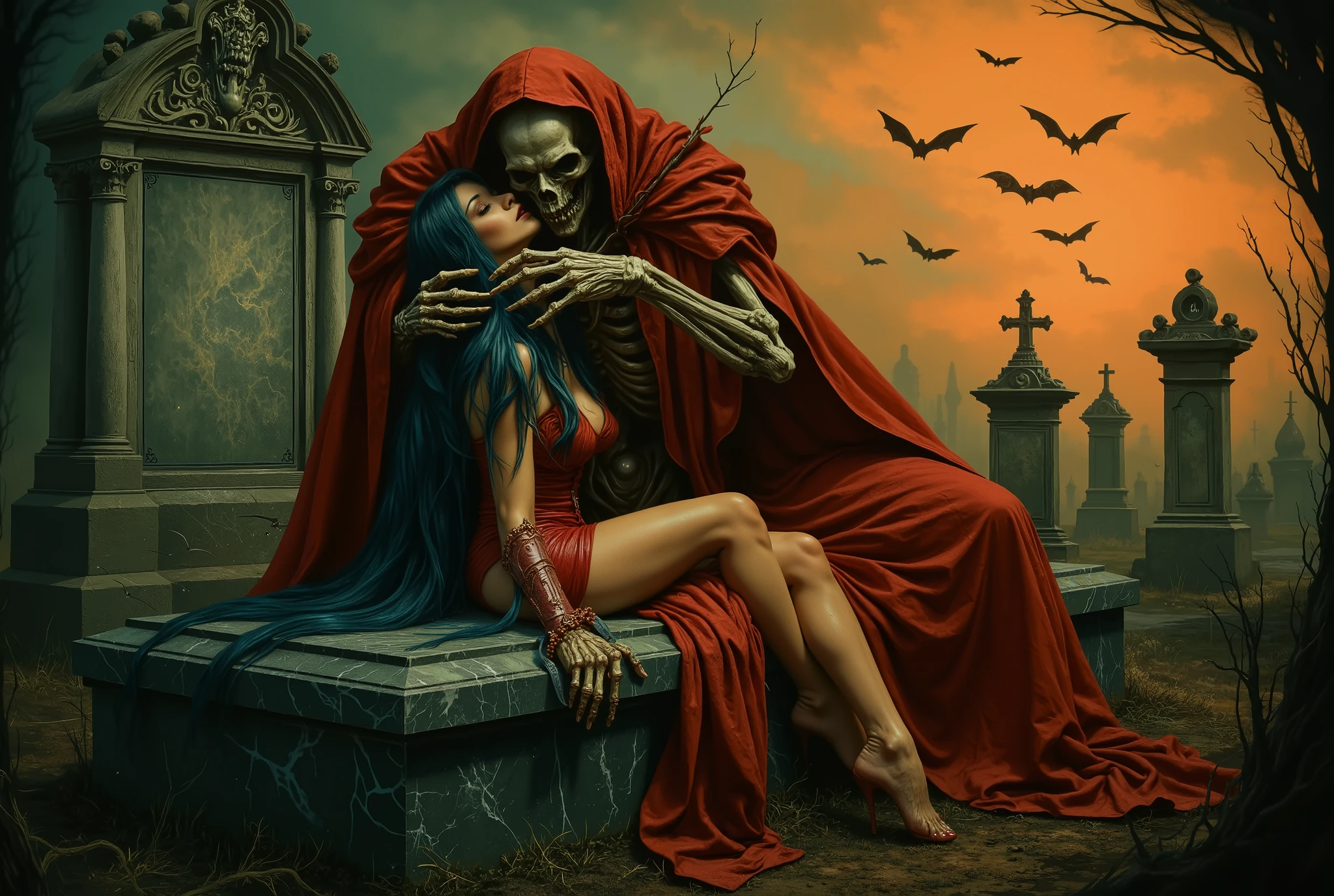 Create a classic European-style comic book cover featuring a dramatic graveyard scene. Depict a skeletal figure in a flowing red cloak embracing a woman with long, flowing blue-black hair, wearing a tight red outfit. Include a glowing orange sunset, bats flying overhead, and weathered tombstones with crosses in the background, the woman is lying on a marble tomb cover -- an ominous mood, chilling atmosphere, smoky ambiance, cinematic composition, detailed, intricate, medium contrast, murky blue and green back lighting, volumetric lighting, Frazetta, Steranko, James Bama, classic fantasy art, lurid and vivid colors, perfect anatomy, masterpiece, HD, 8x, "anatomically correct human" "realistic proportions" "natural human pose" "full figure, accurate anatomy" "correct fingers and joints" 1950s cinema, moody lighting, chiaroscuro, Italian pulp comic color palette, saturated dark orange tones and dark muddy greens, sparse red tinges on the edges of objects, film grain, foggy lens, dramatic shadows, unnatural angles, dark frame around image, vignette effect, , Suspended reality and dreamlike quality, Symbolic and grotesque imagery, Intricate lighting and shadow play, Stylized color palettes, Dynamic framing and composition, erotic, sexy, NSFW