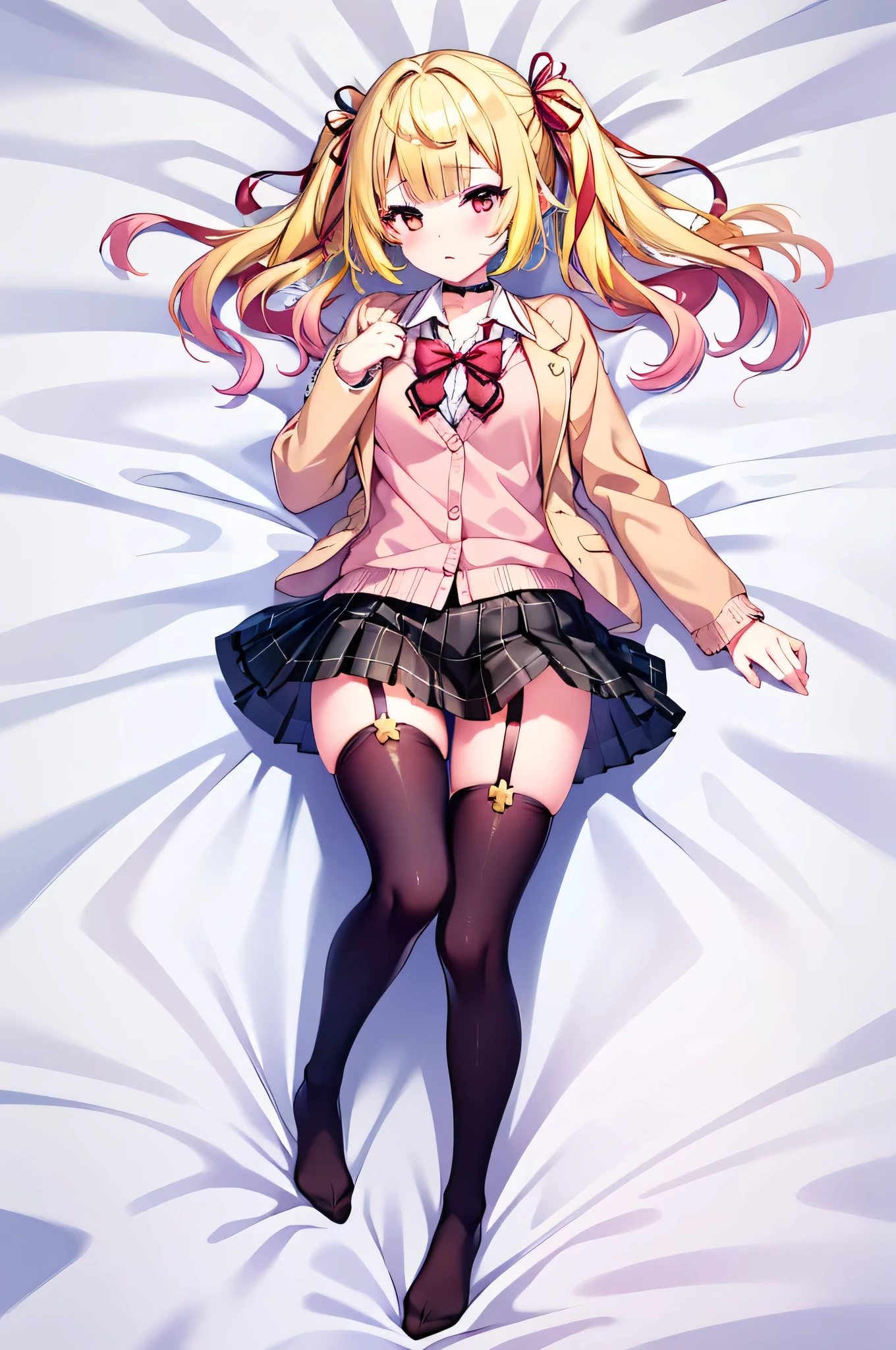 1 person, Red Eyes, Yellow Eyes, Blonde, twin tails, medium hair in the center of the hot springs, hair bow, pink cardigan, blazer after face, black thigh high socks, plaid skirt , black choker, garter belt, school uniform, white sheets, Lie on your back, embarrassing, Red cheeks, Seducing Men, Full Body