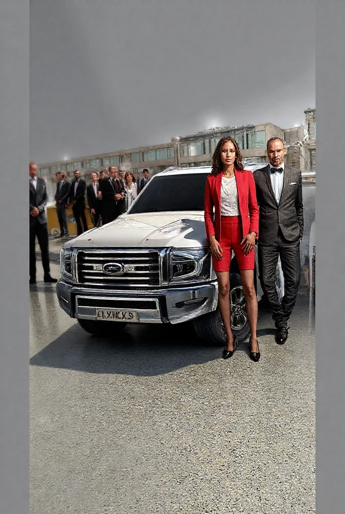 Couple walking on the runway of an airport the man has Latin features brunette skin is 50 years old bald beard wears dark blue suit the woman is 20 years old is short of wavy blonde hair sculptural body wears a short black dress --auto --s2