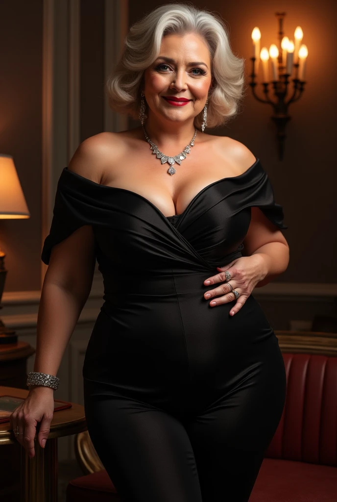 moda gorda, uma velhinha bonita, 70 anos, curvy body, (usando um vestido curto vintage com bolinhas),  Realista, Gordinho, intricado, hyper Realista, 8K, intricadoly detailed, cinematic, stunning Realista photography, rosto perfeitamente detalhado, altamente detalhado, vibrante, pele natural, Textura de pele real, octane rendering, cabelo branco, cara feliz, It is, (lanchonete vintage ), (Seios enormes:0.8), neckless, pulseiras, decote, scooter de fundo, fotografia vintage, bow on the head