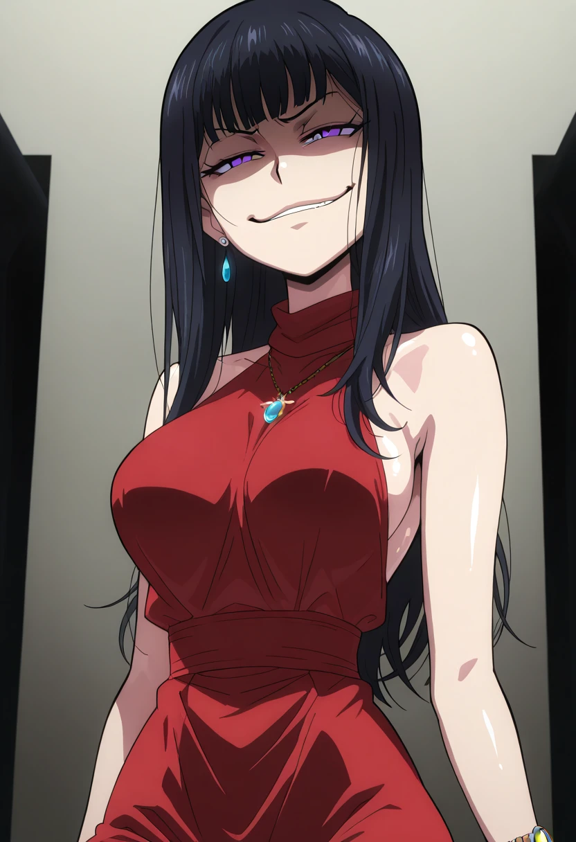 masterpiece, best quality, jabami yumeko, looking at viewer, very large breasts, upper body, portrait, looking at viewer, seductive smile,put your hands behind your head, armpits, armpits visible, sweaty armpits, red color eyes, black long hair