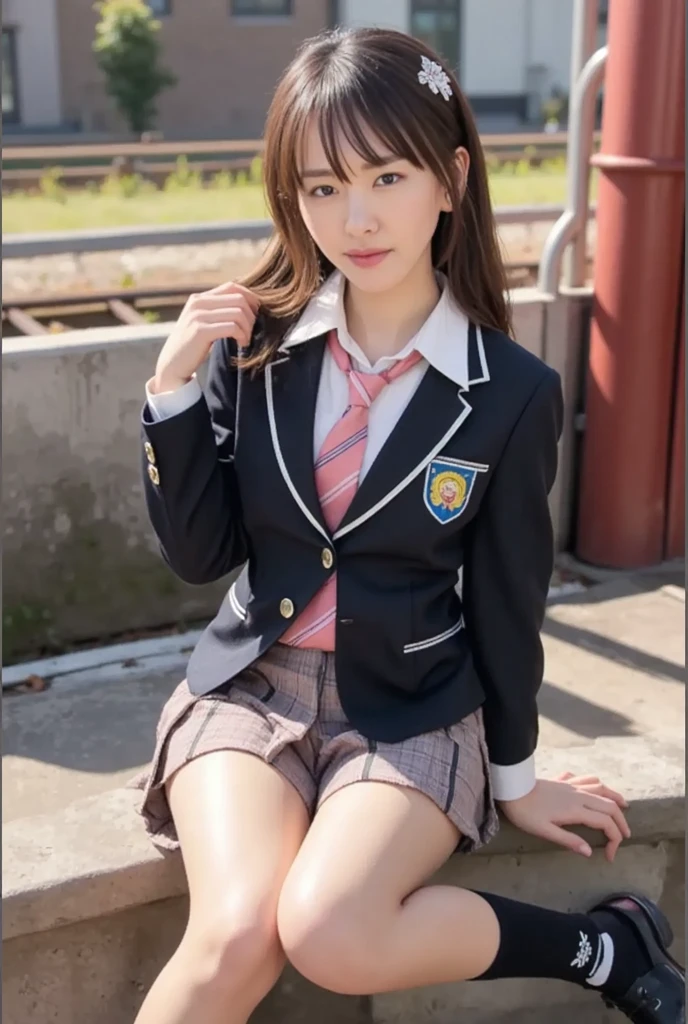 nsfw,One Woman、((Standing wearing a blazer and miniskirt school uniform))、Primary school students,((small breasts)),Highest quality、Very delicate and beautiful、((Very short bangs))、((Bangs))、明るいつやのある茶色の髪のHighest quality、Very delicate and beautiful、((Very short bangs))、((blunt bangs))、Light shiny brown hair、The hair is light、((Short Bob))、Cute face、Young face、Cute like an idol、Are thin、Slim figure、slender、Short、 body type、((The background is the elementary school yard.))、Thighs、belly button、Photographed from the front、bag、