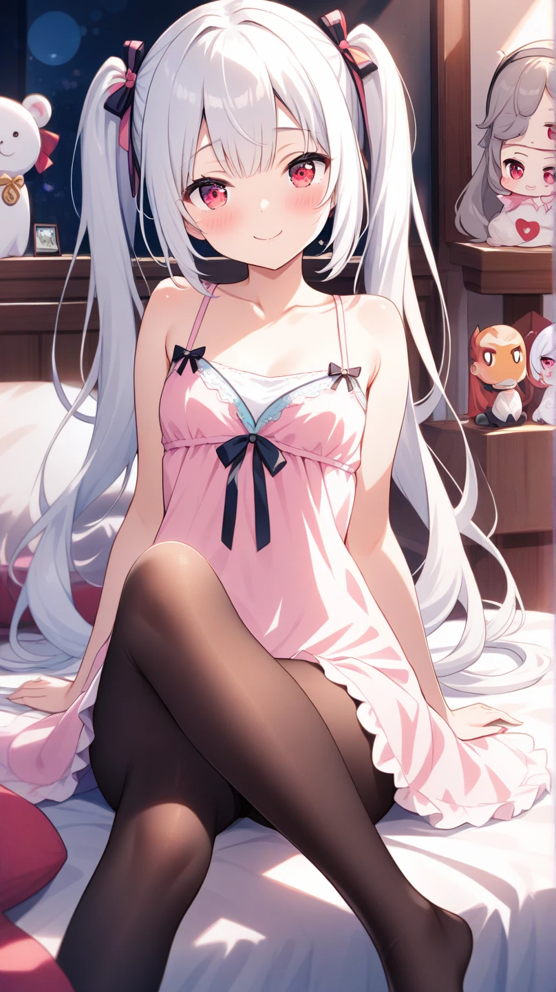 Masterpiece, best quality, super detailed, illustration, medium view, beautiful detailed eyes, ((long view, wide angle 1.31)), at home, a girl, white hair, pink bow, blue lingerie, sexy, back to back