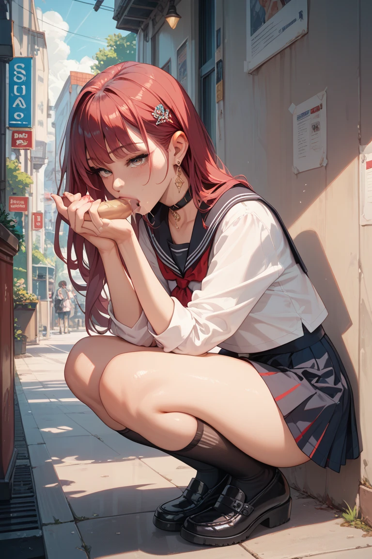 a school girl smoking cigarettes rapidly and masturbating, pigtails, piercings, smoking cigarettes, sucking very hard on cigarette, the cigarette ash is growing very long, the cigarette ash is very long