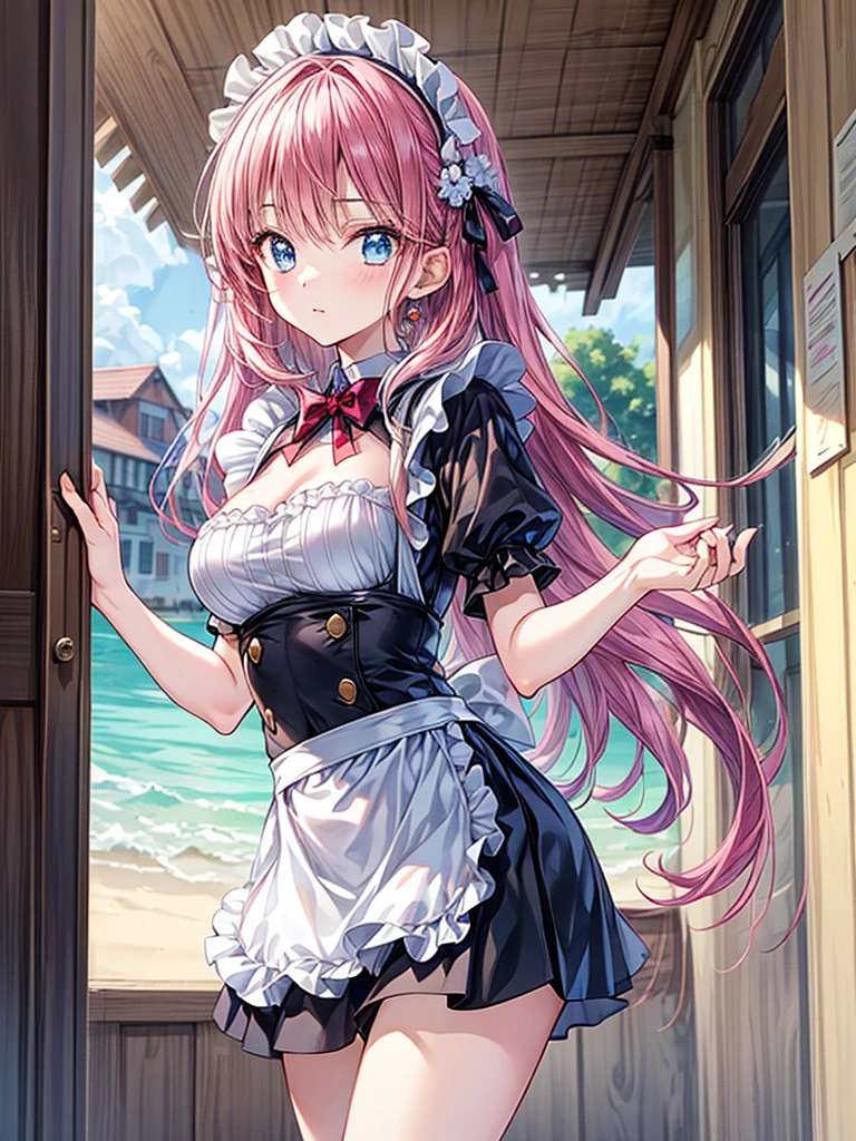 a female figure dressed as girl with giant breasts holding something in hand, 1girl, breasts, solo, pink hair, cleavage, large breasts, twintails, looking at viewer, long hair, bow, pink eyes, smile, strapless, black bow, detached collar, maid headdress, bowtie, open mouth, bangs