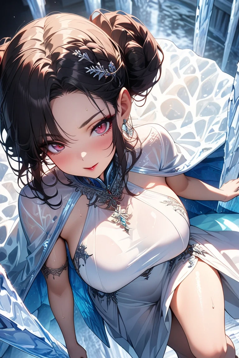 Solo, Beautiful female, In blue crystal, Buble, In the ocean, The sun shines on the face, Japanese_clothes, multicolored hair, Blue hair, Purple hair, Long hair, grin, multiple views, Close-up, Ray tracing, reflective light, Depth of field, Polar opposites, partial underwater shot, Masterpiece, Best quality, High details, High quality, ccurate, Textured skin, hyper HD
