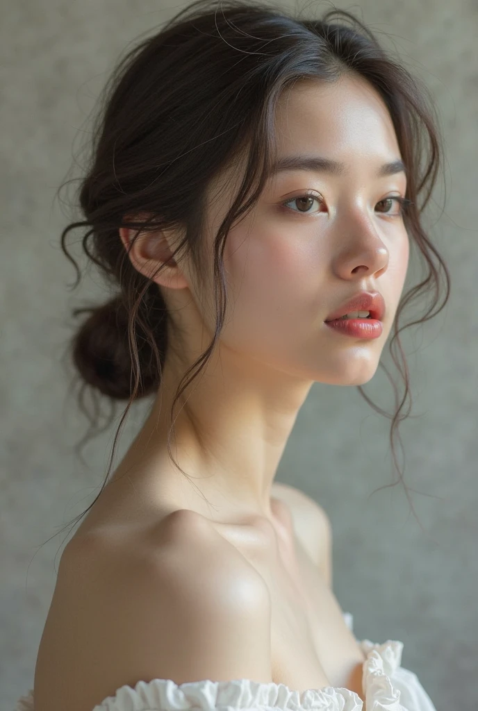 raw photo of beautiful female, looking at camera, centered portrait upper body, Japanese beauty, slim perfect face, natural look, playmate, wavy hair, wet hair tied in a bun, supermodel, wet skin, pale skin, blushing cheek, very very small bust, closing eyes, feeling ecstasy, nude skin, in photo studio
