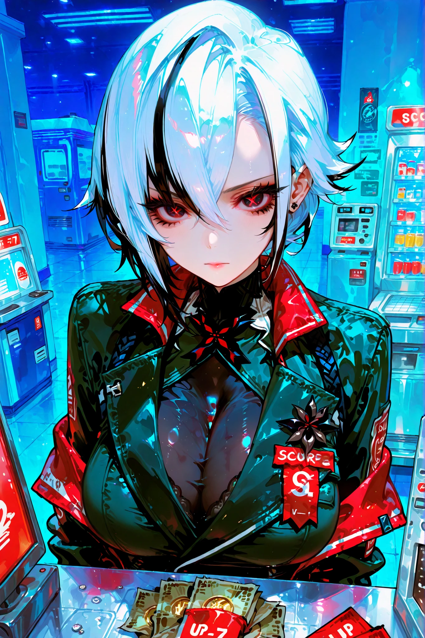 pretty,sexy,JETT,button unbuttoned,neat clothes,embarrassed expression,big breasts,