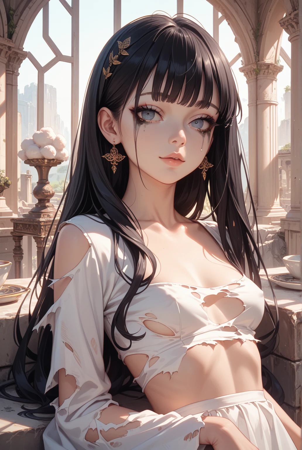(best quality, 8k, masterpiece:1.3), pretty Woman, 1 girl, pretty face, (Seductive face), black hair, Blunt bangs single side lock, Ridiculously long straight hair, white casual dress, Super detailed的臉部, Detailed lips, super detailed eyes, double eyelids, long upper eyelashes, soft skin, HD Skin, Asia, Ancient temple ruins in East Asia, miracle, [dilapidated building], jungle, 8k, Super detailed, best quality detail, retina, Ultra-high resolution, masterpiece, accurate