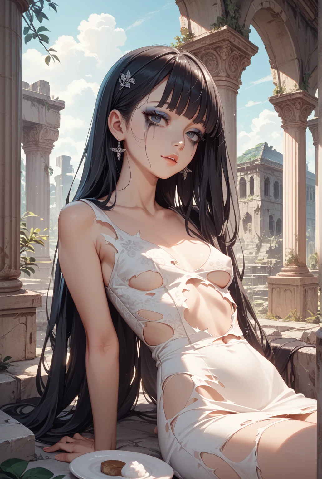 (Masterpiece of art, Top quality, best quality, Official art, beautiful and aesthetic), Extremely detailed, colorful, most detailed, (1 girl,skinny body Only), young beauty、Japanese、 female swordsman、black hair, long hair, blunt bangs, black eyes, skinny, (thin body, small breasts, sweat: 1.4), naked
