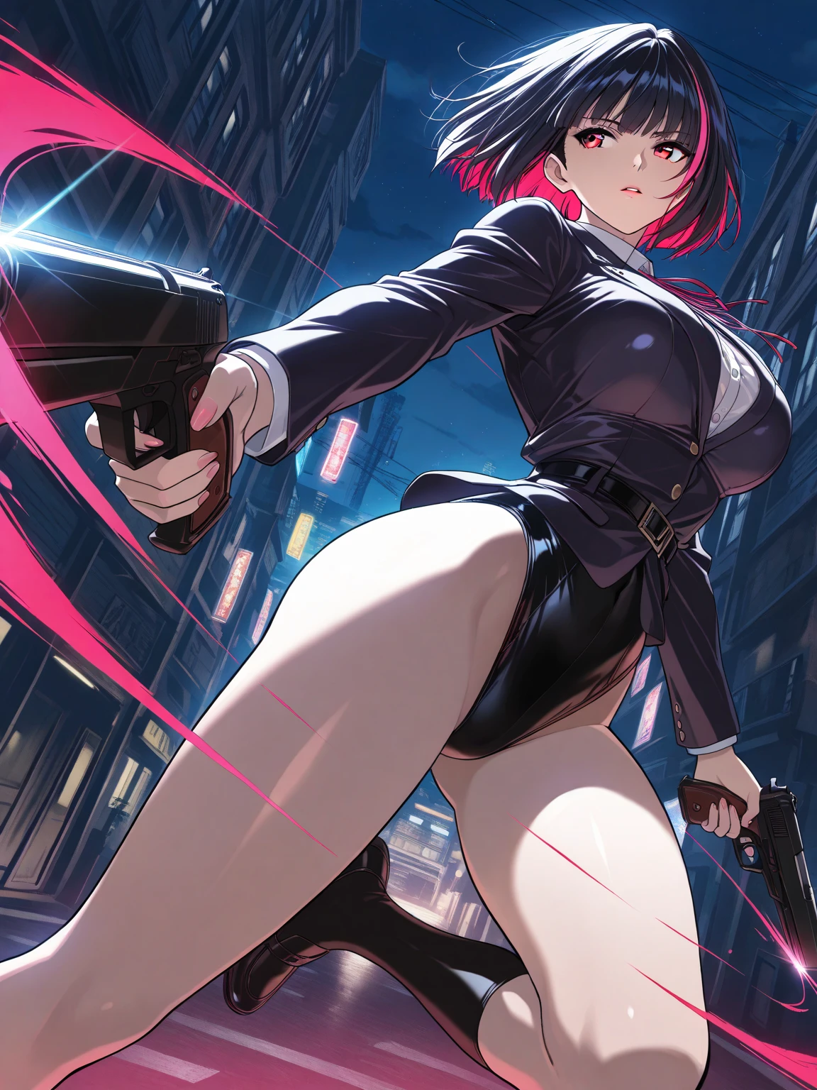 1woman, big breasts, tiny waist, small ass, thigh gaps, skinny legs, wearing beige blazers, topless, wearing black plaid mini skirt, wearing black kneesocks, black hair,  hair, short hair, hair covering one eye, black lipstick, luscious eyelashes, wearing round black glasses, standing on dark street, holding knife, at night