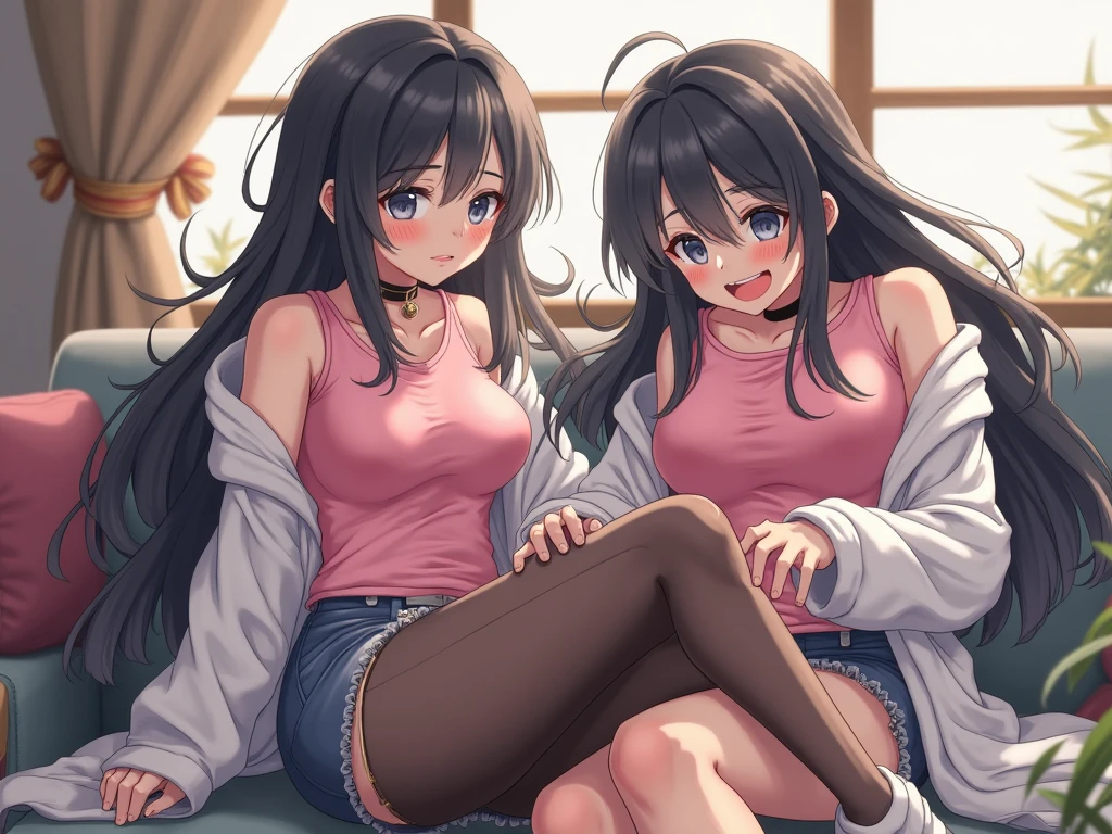 masterpiece, One girl, Brown haired girl, Curly long hair, The body is slim, Pink eyes, Ahoge, Baby Face, Huge breasts, Beautiful breasts, Round Breasts, Long sleeve, Beautiful Eyes, Black knee-high socks, , skirt, black skirt, plaid skirt, flared skirt, skirt, Bedroom M-legs Pussy Legs Opening Sexual lust Tongue licking Slanted eyes Topless Big tits