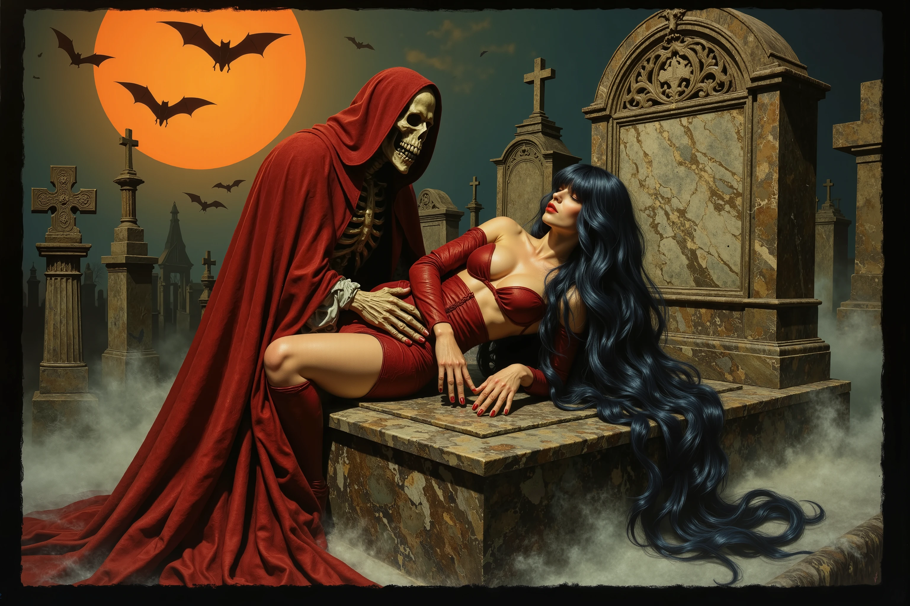Create a classic European-style comic book cover featuring a dramatic graveyard scene. Depict a skeletal figure in a flowing red cloak embracing a woman with long, flowing blue-black hair, wearing a tight red outfit. Include a glowing orange sunset, bats flying overhead, and weathered tombstones with crosses in the background, the woman is lying on a marble tomb cover -- an ominous mood, chilling atmosphere, smoky ambiance, cinematic composition, detailed, intricate, medium contrast, murky blue and green back lighting, volumetric lighting, Frazetta, Steranko, James Bama, classic fantasy art, lurid and vivid colors, perfect anatomy, masterpiece, HD, 8x, "anatomically correct human" "realistic proportions" "natural human pose" "full figure, accurate anatomy" "correct fingers and joints" 1950s cinema, moody lighting, chiaroscuro, Italian pulp comic color palette, saturated dark orange tones and dark muddy greens, sparse red tinges on the edges of objects, film grain, foggy lens, dramatic shadows, unnatural angles, dark frame around image, vignette effect,  Suspended reality and dreamlike quality, Symbolic and grotesque imagery, Intricate lighting and shadow play, Stylized color palettes, Dynamic framing and composition, erotic, sexy, NSFW