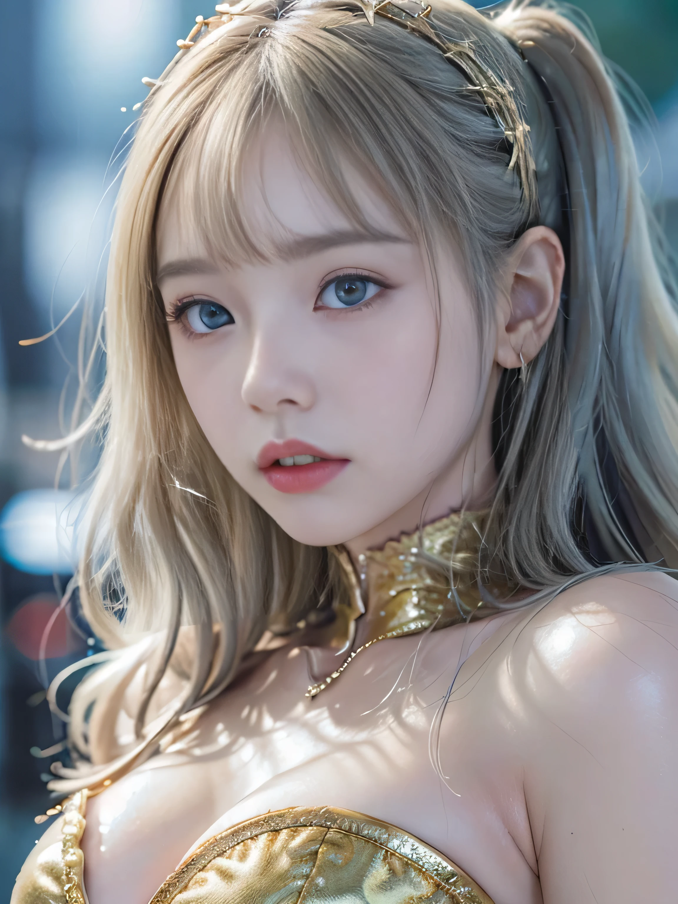 highest quality、masterpiece、超A high resolution、(Photoreal:1.4)、RAW photo、Detailed CG image quality、cyber punk、beautiful feces、1 girl、(silver hair), (gold hair ornament:1.4)、(angel costume:1.4)、cleavage、(Pure White Syntex Suit)、(sky blue eyes:1.2), (shining eyes), (Fierce thunder emitted from fingers:1.4). detailed portrait、8K quality、bright colors、concept art、cinematic and dramatic atmosphere、sharp focus、volume lighting、movie lighting、Get studio quality、(colorful neon lighting)、written boundary depth、environmental lighting、blurred foreground、blurred background:1.3、(rainy evening:1.4), (Severe lightning strike:1.4),