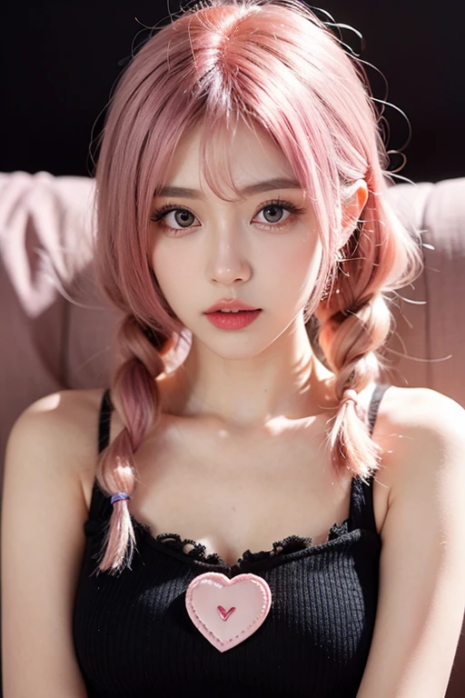 21yo girl, pink hair, (twintail Hair). Bitting her lower lip while closing her eye,Wearing white oversize t-shirt,, show shoulders, cleavage, show big thigh, natural big brseast,hands holding breasts,plumpy body, doggy pose