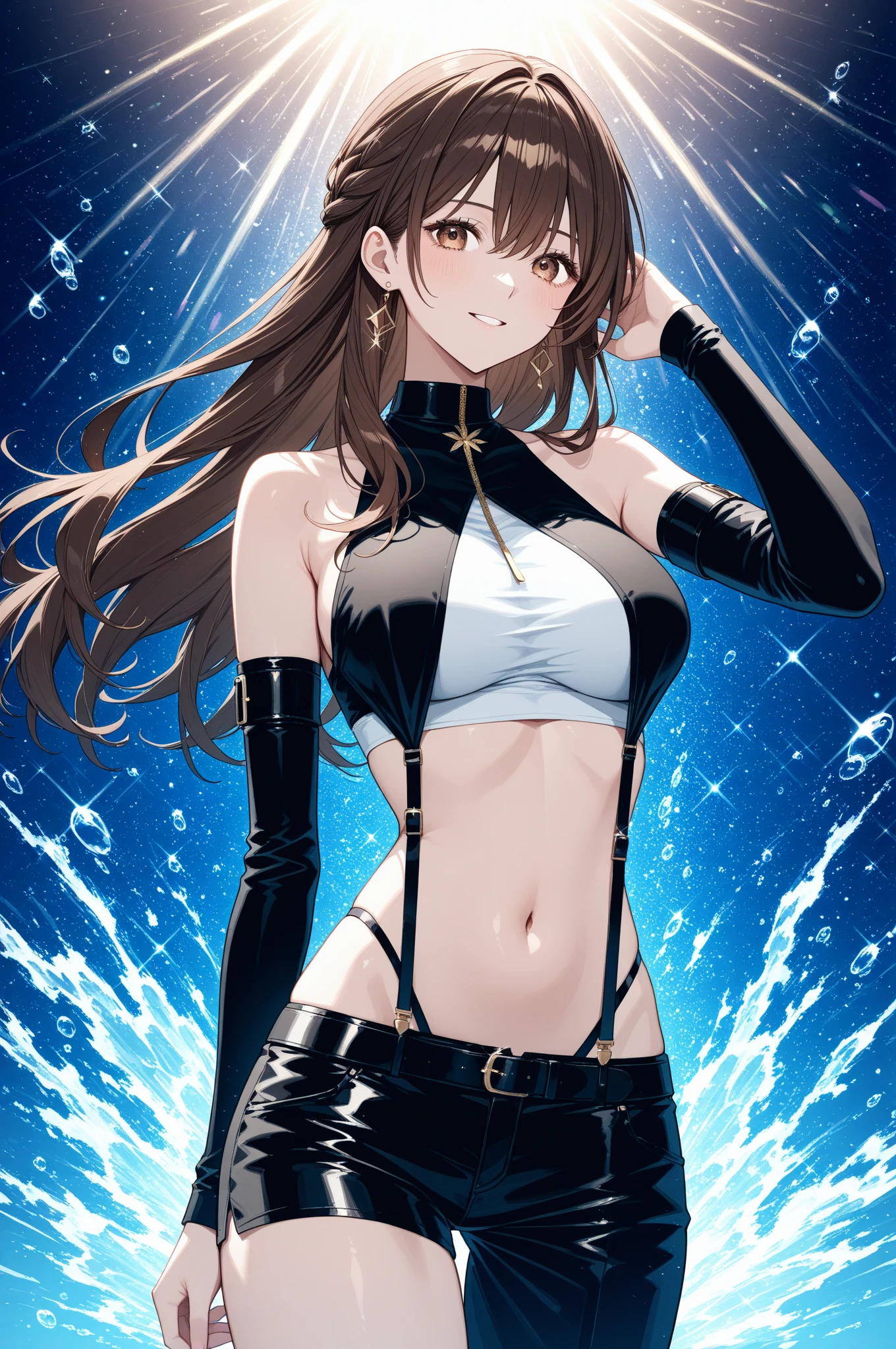 1 female,black hair,((12 years old)),(((blue shiny skirt)))((Sexy black micro bikini))(((blush、open mouth smile)),(((Yuki Mikan))),(((portrait))),crowd,(((white see-through tank top)))(baby girl body shape)(((small breasts)))sexy pose,(tentacle)