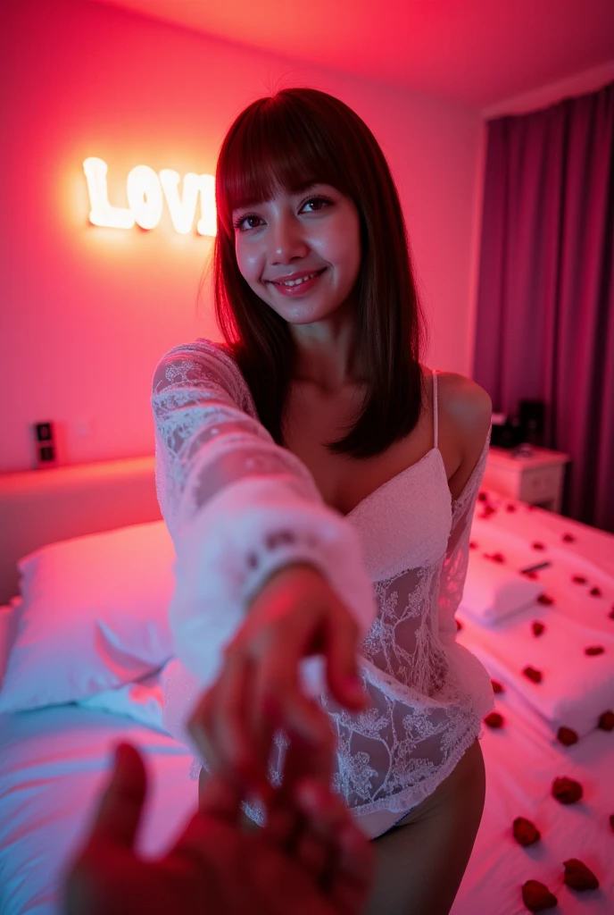American woman, Intimate, face blush, red blushy cheeks, long wavy hair, feeling excited, beautiful thighs, in love, wearing wedding outfit with mini pleated skirt