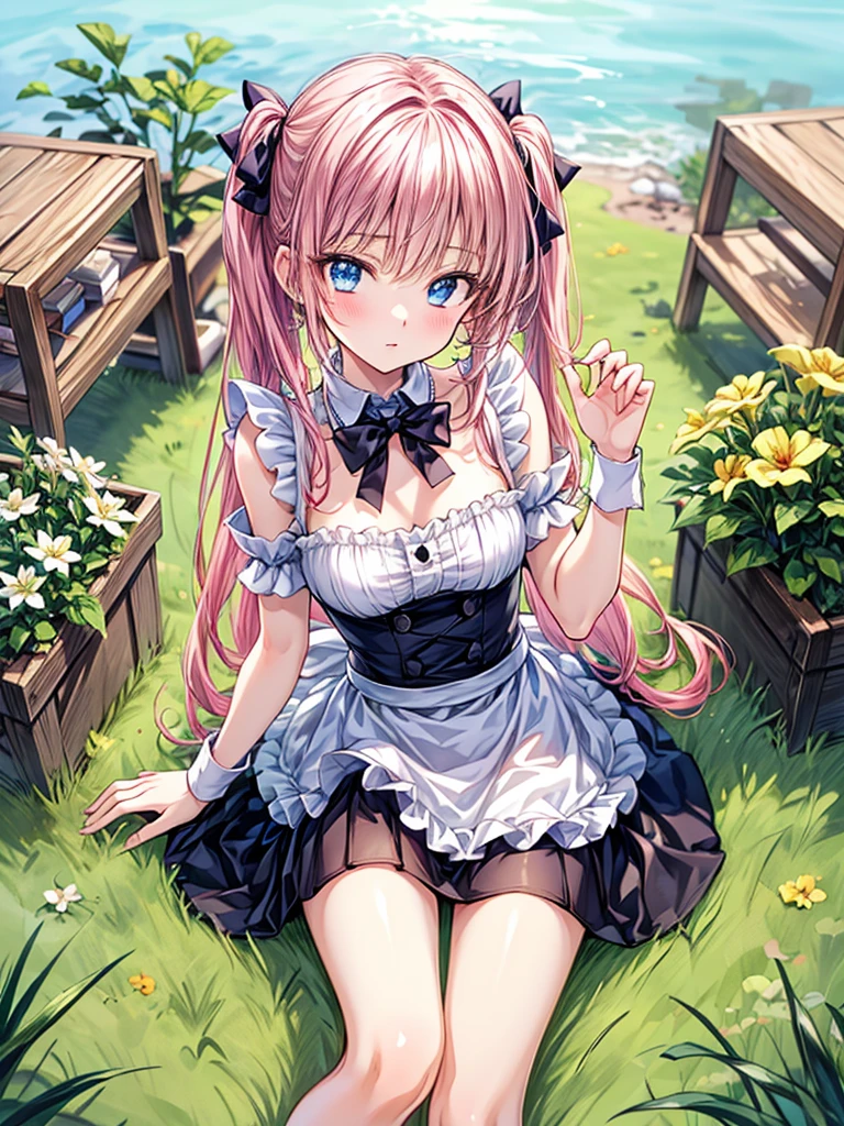 muste piece、masterpiece、highest quality、Super detailed、High resolution、8K portrait、High definition CG of Unity 8k wallpaper、cute type little:1.5、Lori:1.5、Highly detailed CG unity 8k wallpaper、Realistic、real person、 portrait photography、shiny skin、High definition、(16 years old:1.2)、(1 girl)、beautiful clear eyes、extremely detailed description、delicate face、nice lips、slender body、flat chest、thin waist、thin legs、(garden:1.6)、1 girl, cute type, perfect face, seriously, (blush:1.5),(Pink hair twin tails:1.3),(flat chest:1.4),(Boobs Topless 1.3),(I have nipples:1.2),((Maid clothes:1.3)),(black dress:1.1),(looking at view:1.2),(from front:1.2),gran,((climax in vagina:1.5)),(wearing shoes),(leaning forward),(hand on own chin)