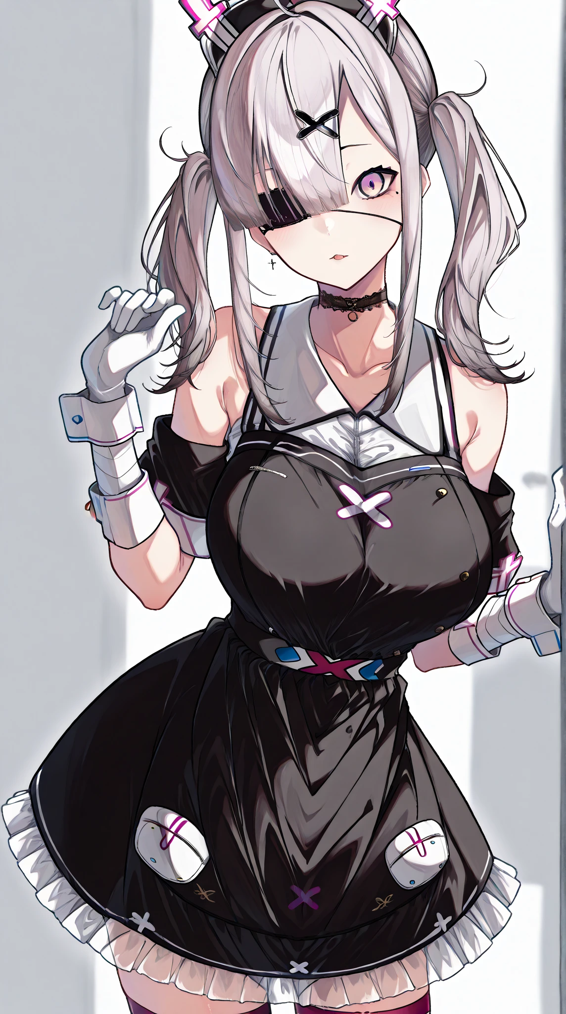Anime girl pose，White hair and black gloves, from girls frontline, seductive anime girls, Rem Rezero, Guviz, 2b, wearing white clothes, 2 b, Fine details. Girl front, Shiny white skin, Best Rated on pixiv, White Cat Girl, Translucent white skin, nun, loli in dress, azur lane style