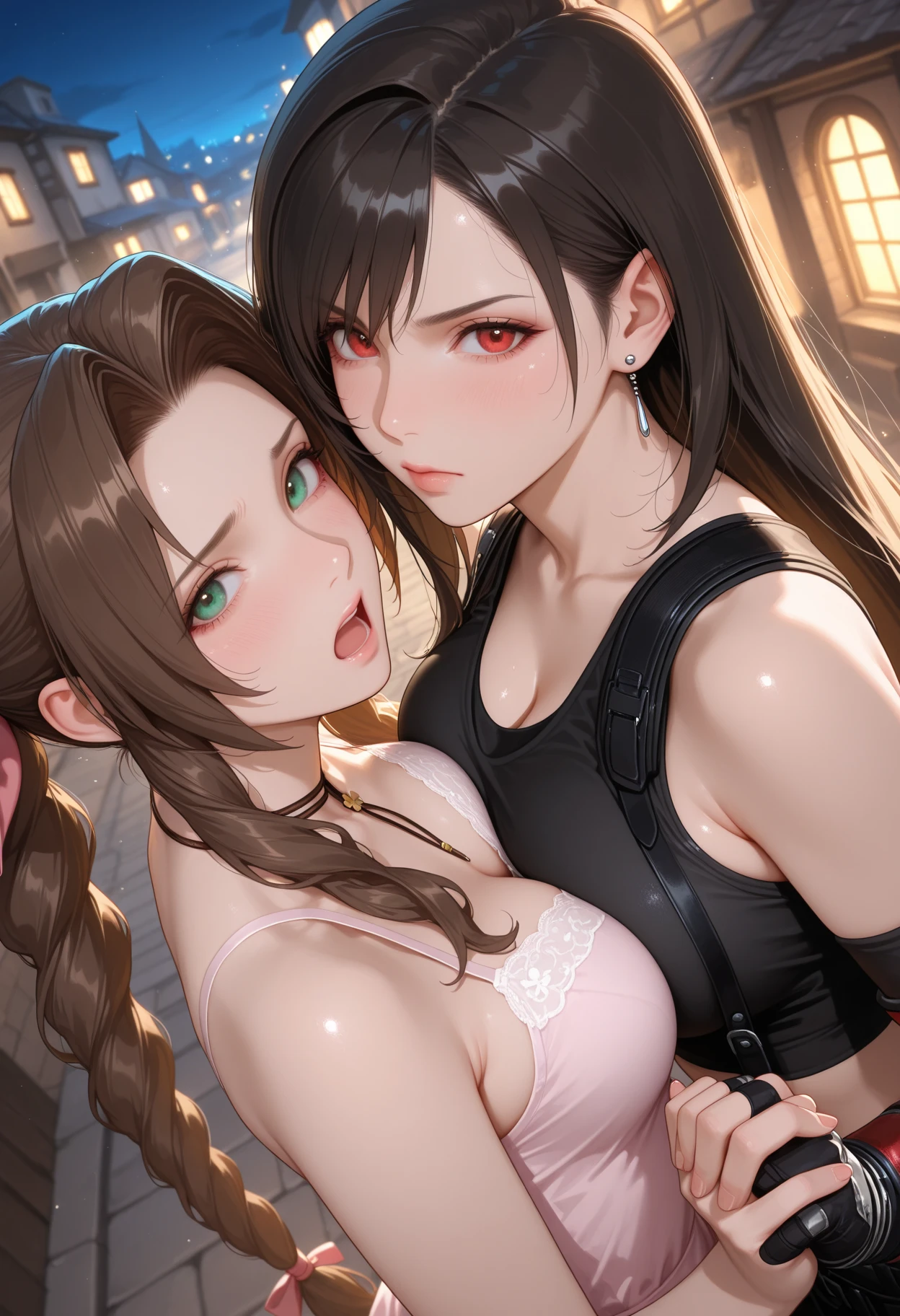 masterpiece, best quality, very aesthetic, absurdres, 1girl, mature_lady, hold a doll, doll, hug a doll,,aerith_gainsborough, final_fantasy, final_fantasy_vii, final_fantasy_vii_rebirth, final_fantasy_vii_remake, 1girl, green_eyes, hair_ribbon, brown_hair, long_hair, braid, braided_ponytail, bangle, bracelet, breasts, choker, cleavage, cropped_jacket, flower_choker, jacket, jewelry, long_dress,in aquarium,blur background,background defocus
