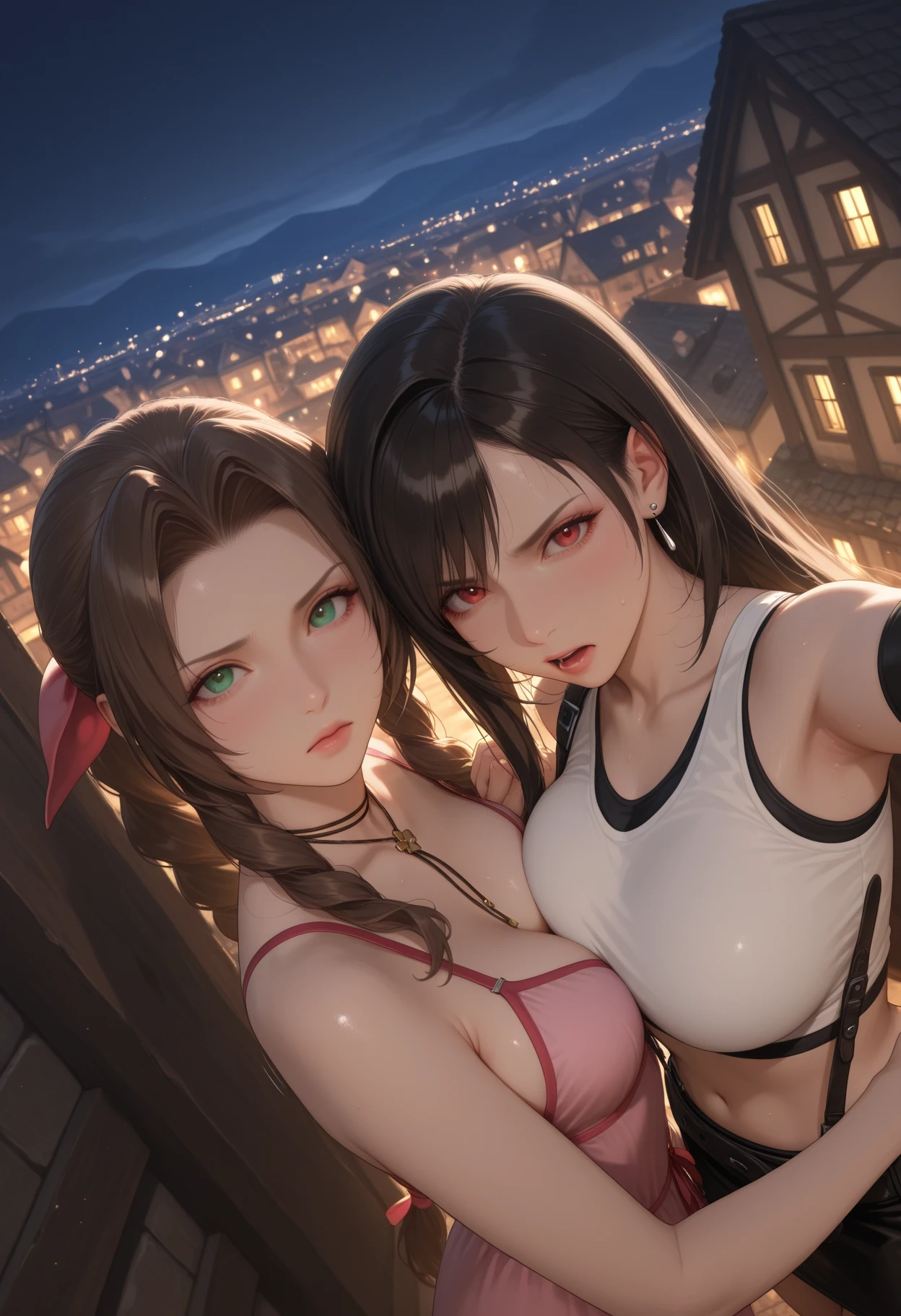 (Face focus:1.4,Super big eyes:1.4),Best quality, Masterpiece, Extremely detailed, high resolution, 4K, 超高分辨率, Detailed shadows, Perfect light and shadow,duo, Two girls in trendy costumes taking selfies on the street, Fantasy world,colorful pigtail, anime cosplaying, Anime style mixed with Fujifilm, Cute, big laughter, , Sexy,(Alebriès Art Style),PureErosFace_V1,Urzang-6500-V1 Edition.1,fantasyoutfit,The princess's eyes widened,Necklace of dreams,Fantastic ribbons,Dream rings,Fantastic jewelry,Fantastic hair accessory,Dream belt,Studio light,