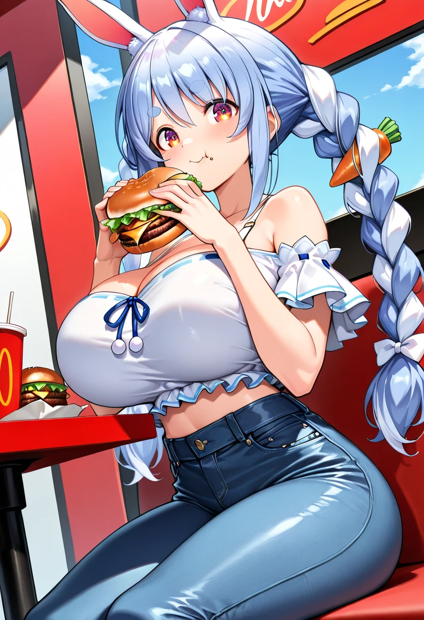 Light blue long hair、Beautiful girl with twin tails、Dream of being chased by bread、Hamburgers galore、A lot of hamburgers are chasing me、The girl is running desperately、Hamburger splash art