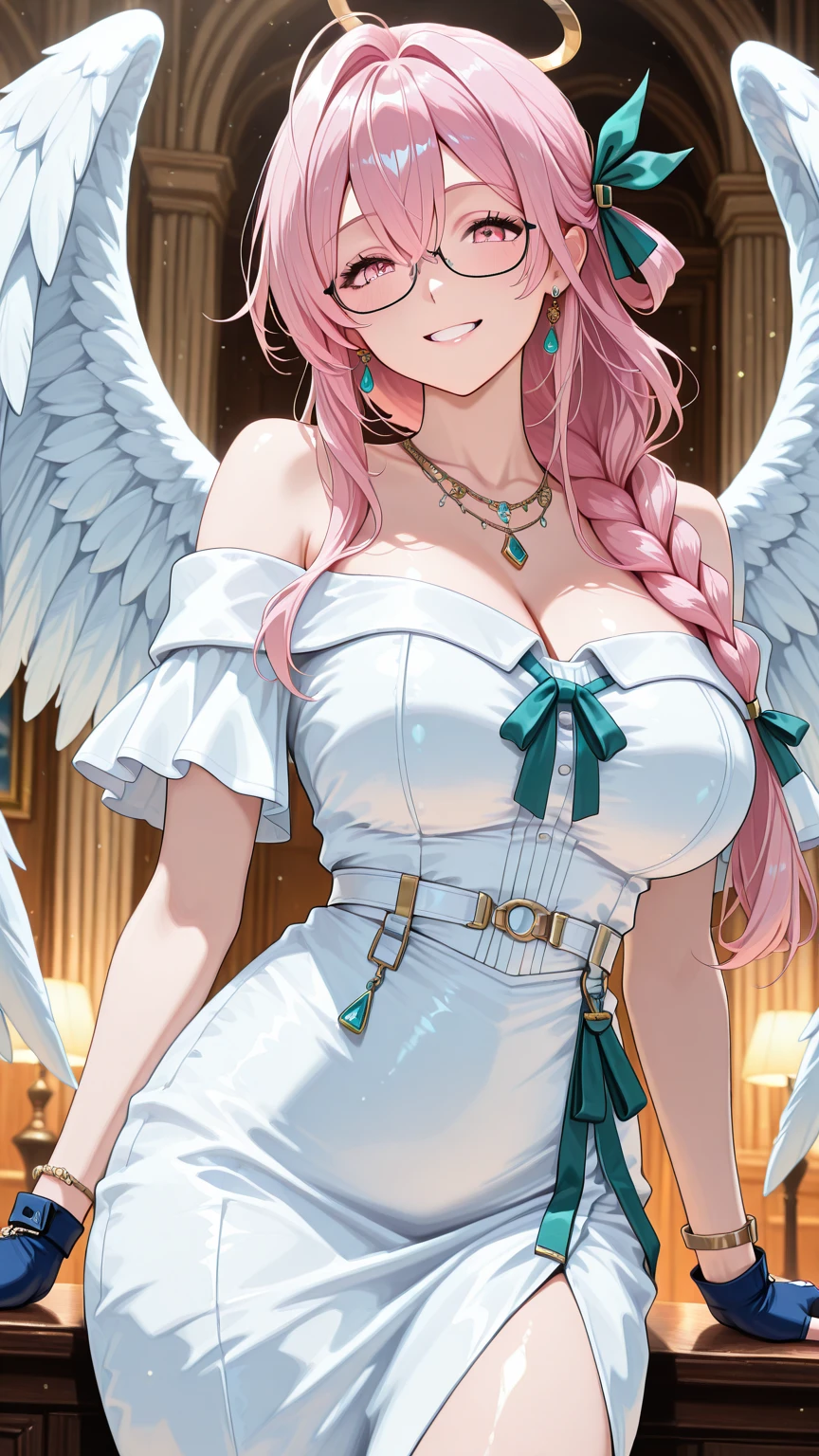 absurderes,Best Quality,Insanely detailed,1 cute lovely girl,Cute smile,Peace,short drill twin tails,aqua hair,Pink eyes,(Round glasses:1.2),(Pink nurse costume:1.2),thighs thighs thighs thighs ,striped over knee high,cleavage,(sagging boobs:1.2),Syringe, Medical records,at hospital,(From below:1.2),sparkly eyes,Beautiful and detailed eyes,glowing pale skin,Cute Pose,Professional Lighting,Cinematic Angel,great theme,Hyper realistic, Perfect Anatomy, Perfect five fingers