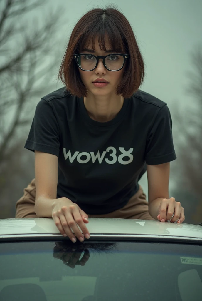 Masterpiece, a cute nerdy woman, glasses, messy hair, ultra short hair, awkward, legs, gamer tshirt, panties, kneeling, HD, (detailed skin texture:1.1), best quality, ultra high res, (photorealistic: 1.4), Raw photo, by Ellen von Unwerth, D850 Film Stock Photography, F1.6 Lens, Rich Colors, Realistic, Cinestill 800, backlight, rimlighting, sunlight, close-up, looking at the viewer