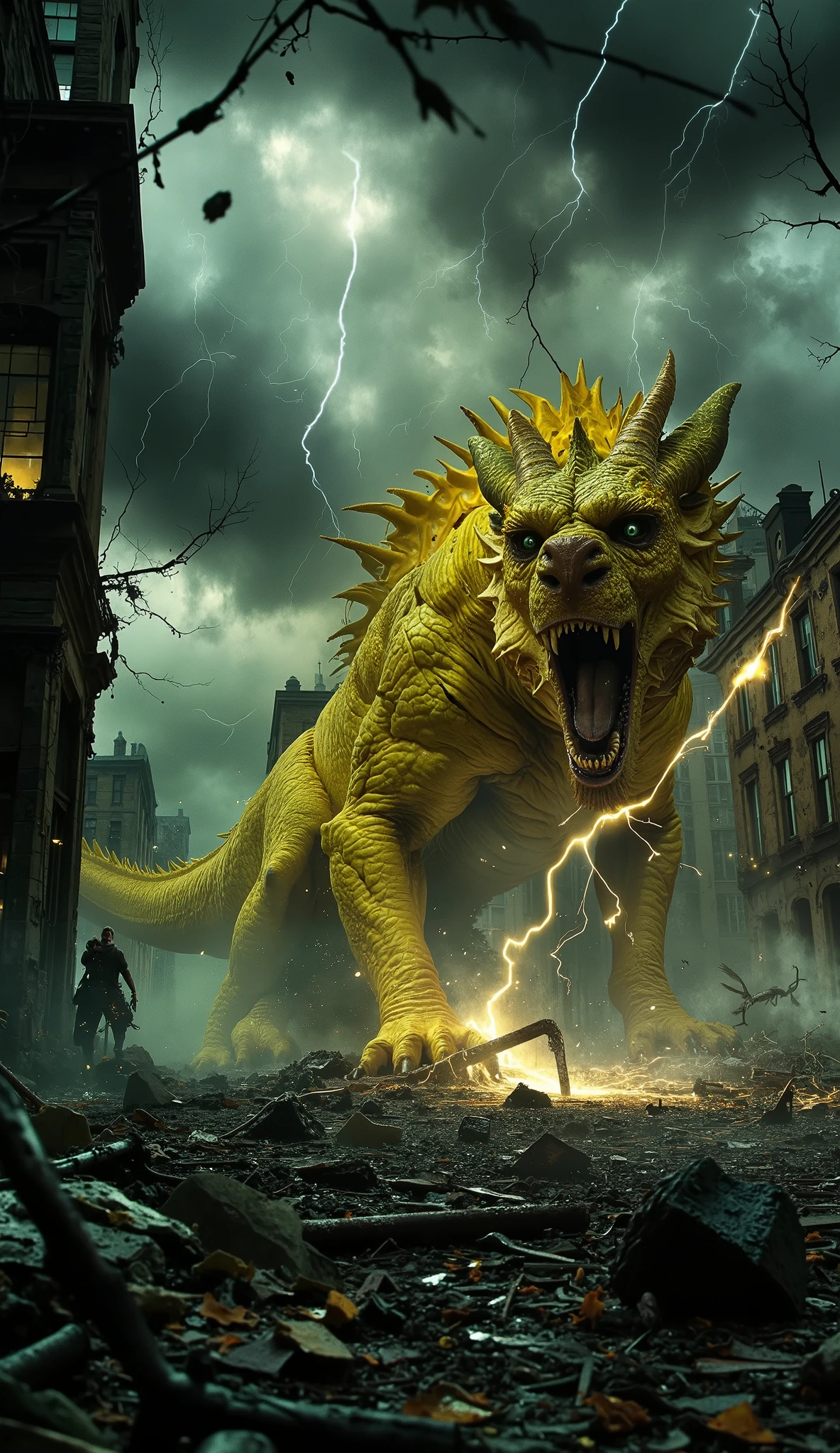 post-apocalyptic wasteland with shattered buildings and scorched earth, a colossal yellow lightning dragon fiercely trapped inside a cracked and jagged glass cage, sparks and arcs of electricity crackling wildly around its muscular body, the dragon mid-roar, eyes blazing with electric yellow energy, veins glowing with electric currents, storm clouds swirling violently overhead, faint flashes of lightning syncing with the dragon’s rage, shards of broken glass suspended in the air, intense dramatic lighting casting long shadows, ruins littered with twisted metal and burnt debris, cinematic, ultra detailed, 128k resolution, epic fantasy atmosphere