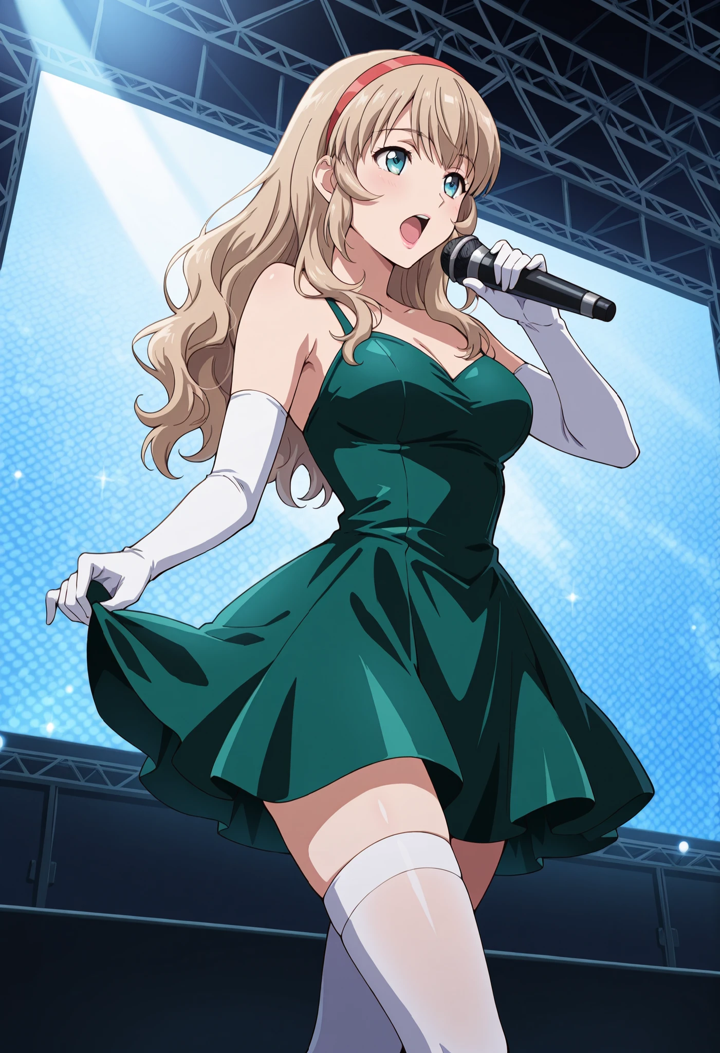 Score_9, score_8_up, score_7_up, source_anime, sonken chuubou, solo, long hair, light brown hair, wavy hair, red hairband, sidelocks, aqua eyes, (best quality), (high quality), {masterpiece}, extremely delicate and beautiful, ultra-detailed, beautiful detailed eyes, idol, idol costume, green dress, white elbow gloves, white thighhighs, holding microphone, on stage, screen, multi colored light, dynamic pose, singing, pink lips, open mouth