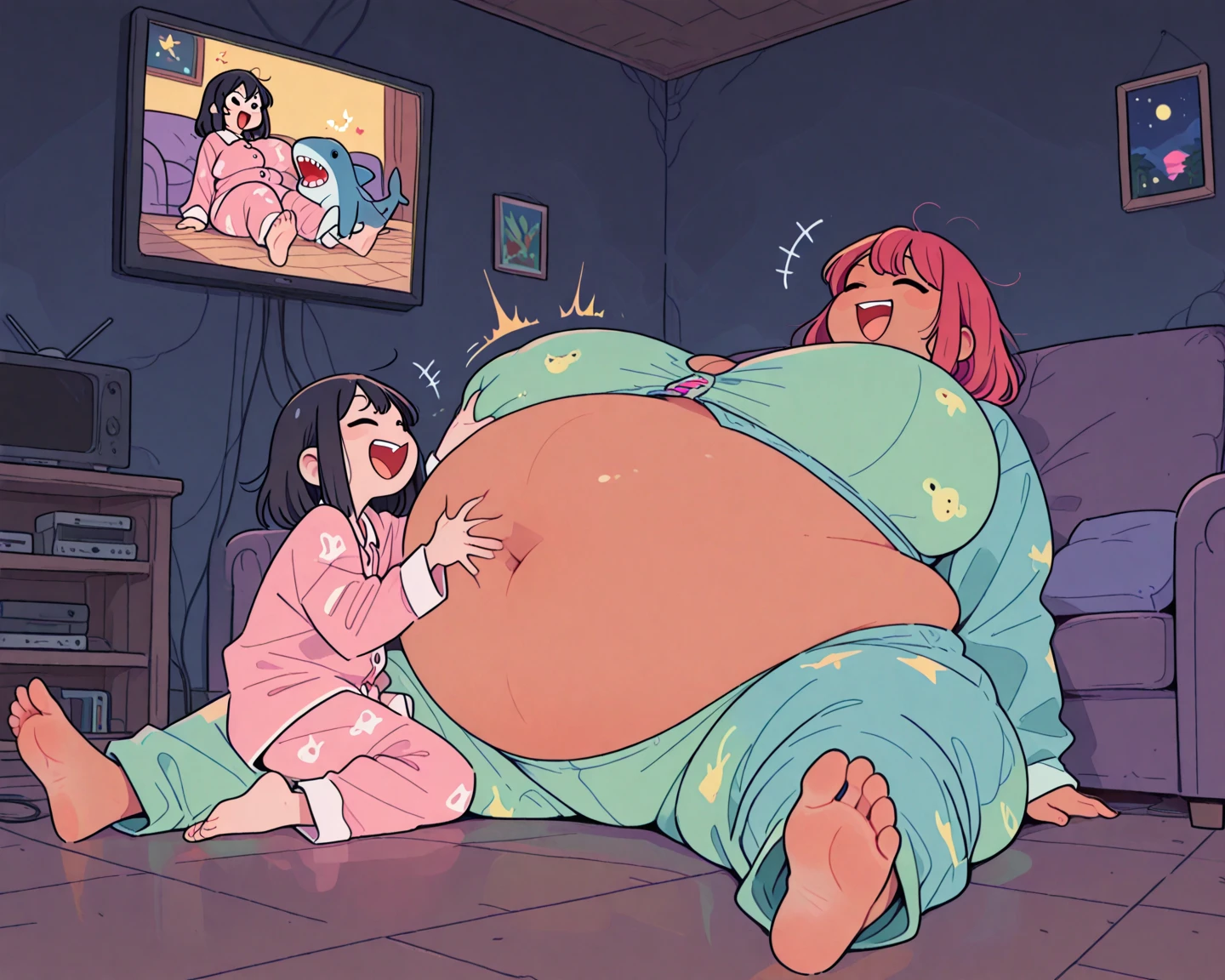 a comic page about a fully pajama wearing 24 year old extremely fat woman with ginger pigtails adjusting to her first night with her 40 year old gigantomastia mother with long gray hair as her second head on her immobile two headed body. She’s clearly uncomfortable with feeling her mother masturbate her now two headed 1200 pound morbidly obese body, using one hand to pleasure herself with her hand under the cover of the blanket as she watches a video on her phone. Her ashamed mother is telling her how much the two of them need this relief as she plunges her hand into herself. Her mother is clearly ashamed of herself for needing to touch herself so badly. she’s looking deep into her daughter’s eyes as they share their first earth shattering orgasm since mutating into a freakish two headed conjoined mother and daughter and repressing her urges. Her conjoined daughter has clearly never orgasmed before and is embarrassed about her mother feverishly masturbating their shared body as she looks away from her second head in disgust as she orgasms into her hand involuntarily.
